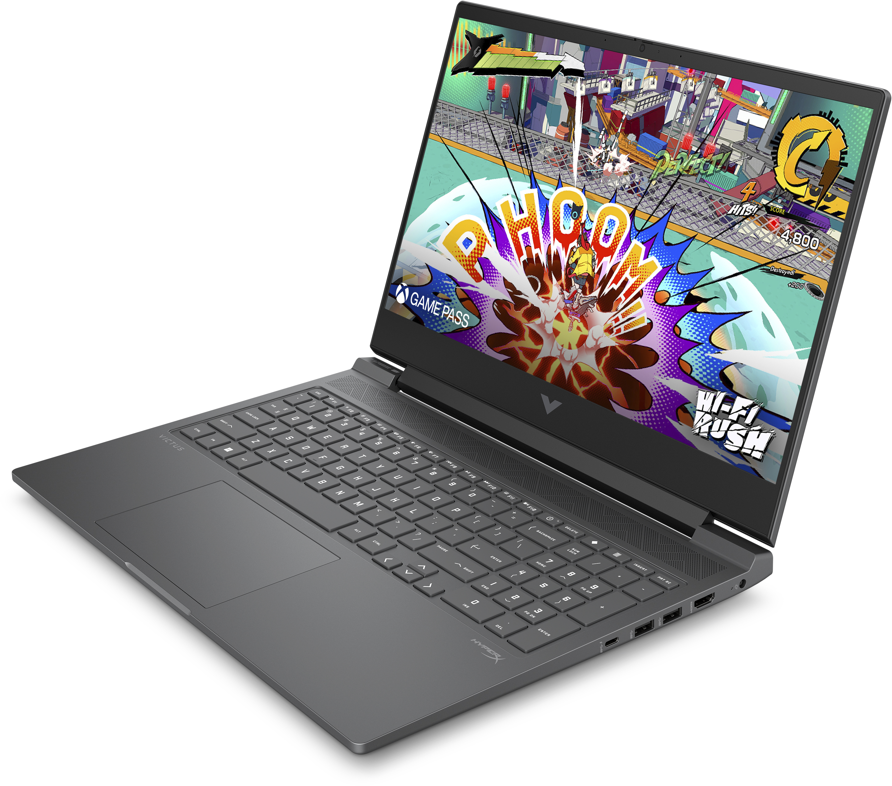 Ein grauer Laptop mit einem Bildschirm, der eine farbenfrohe Spielszene zeigt. Die Tastatur ist sichtbar.