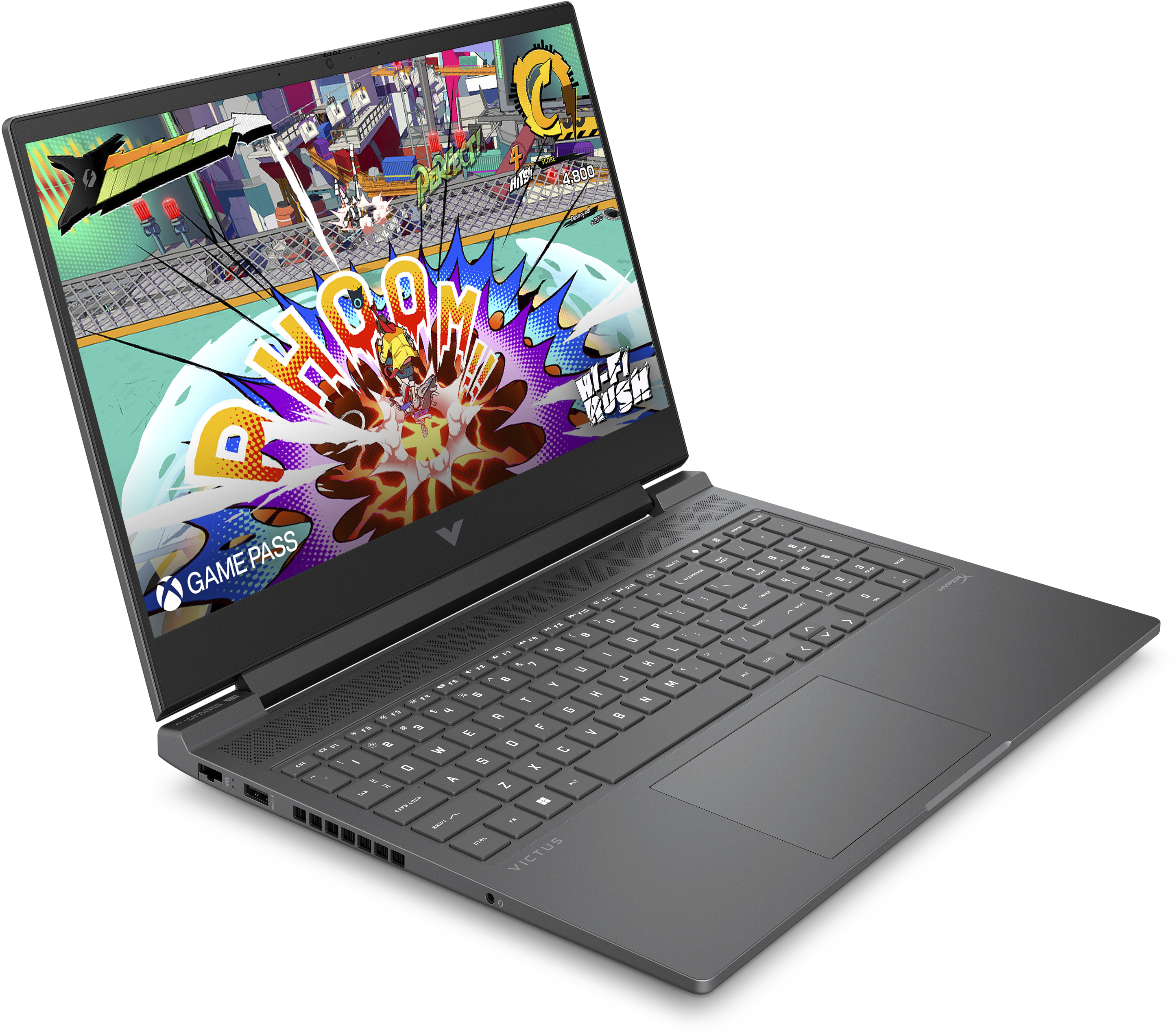 Laptop mit Spielbildschirm. Tastatur und Touchpad sind sichtbar. Der Laptop steht auf weißem Untergrund.
