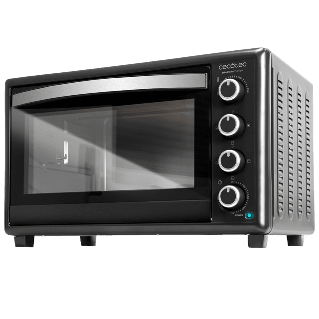 Un horno negro y plateado con perillas de control y puerta de vidrio sobre fondo negro.