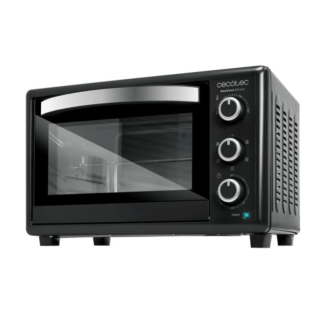 Horno negro con puerta de cristal, asa plateada y mandos. Está sobre una superficie negra.