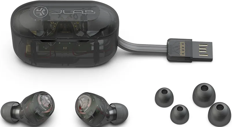 Schwarze kabellose Ohrhörer mit Ladecase und USB-Kabel. Enthält auch zusätzliche Ohrstöpsel.