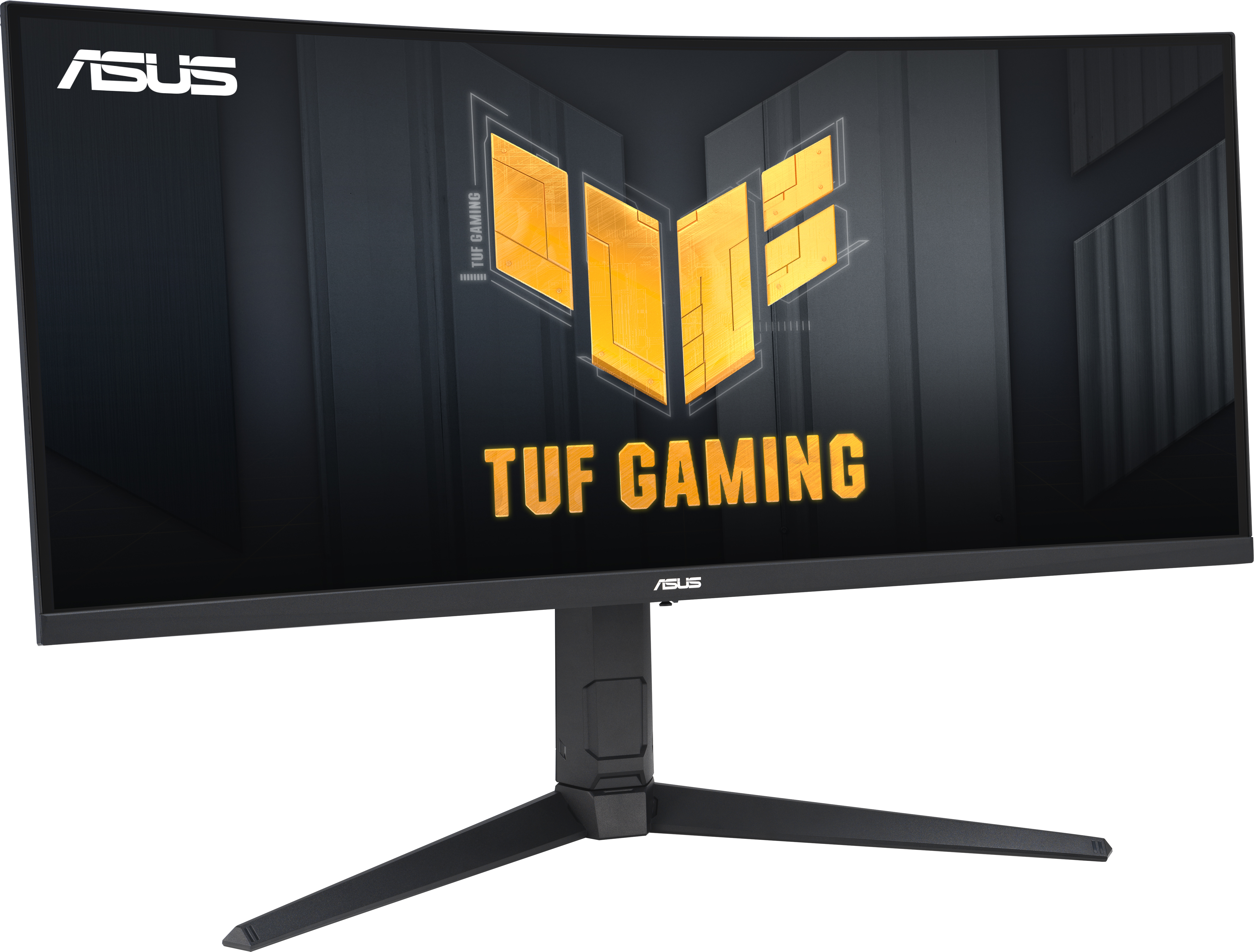 ASUS TUF Gaming Monitor. Schwarzer Monitor mit goldenem Logo und Ständer.