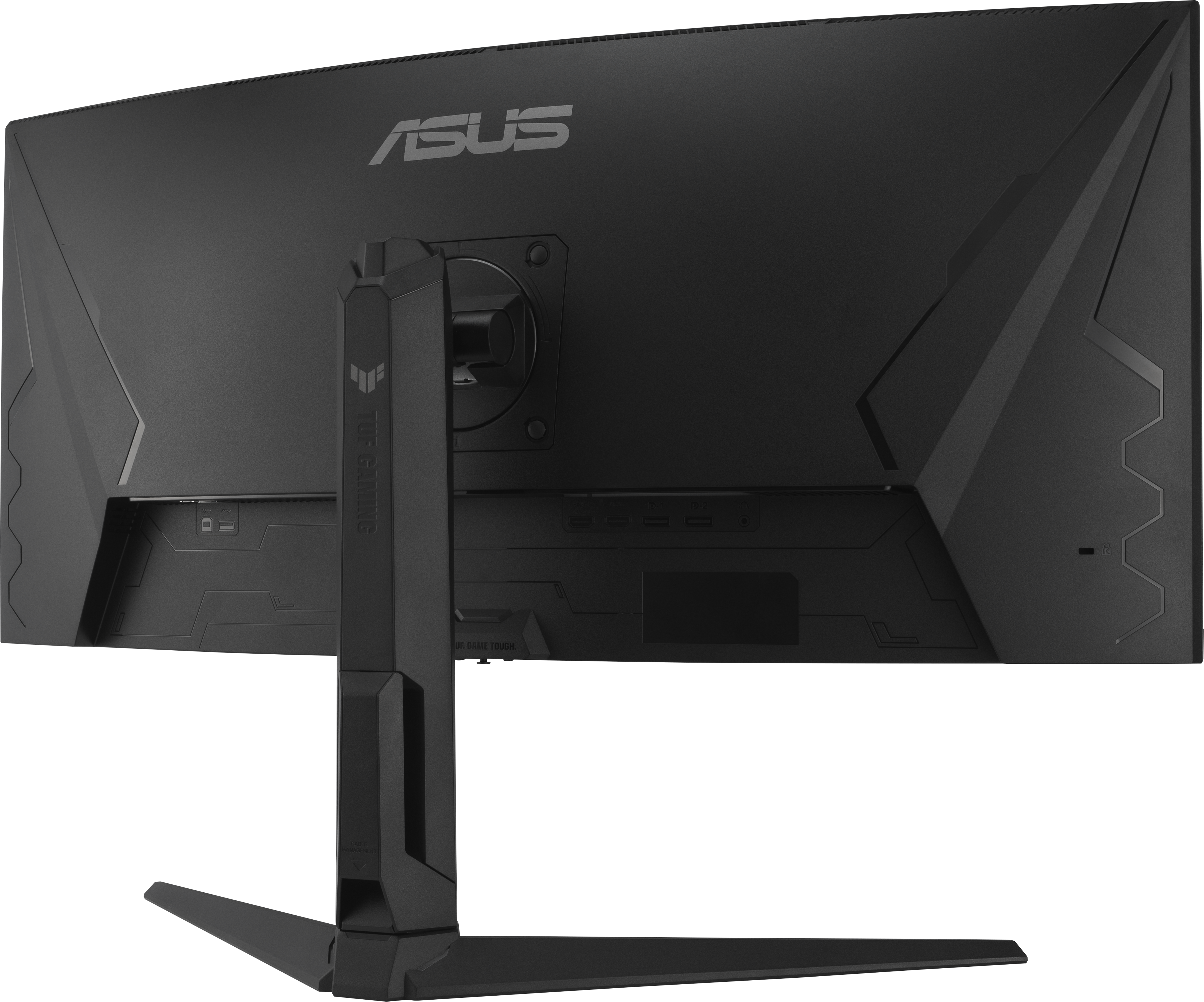Die Rückseite eines schwarzen Computermonitors mit dem ASUS-Logo und Ständer.