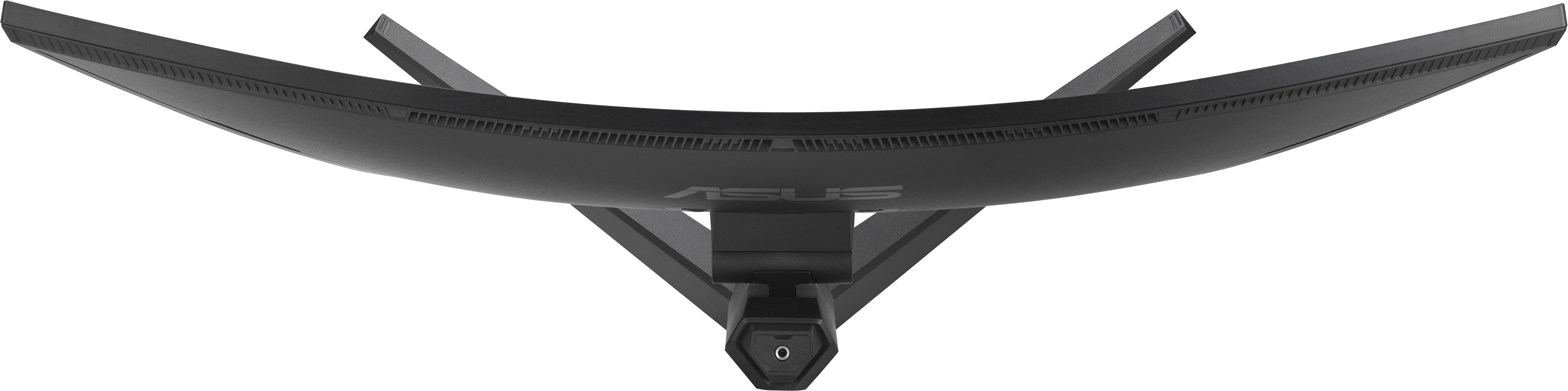 Gebogener schwarzer Computermonitor, Draufsicht.