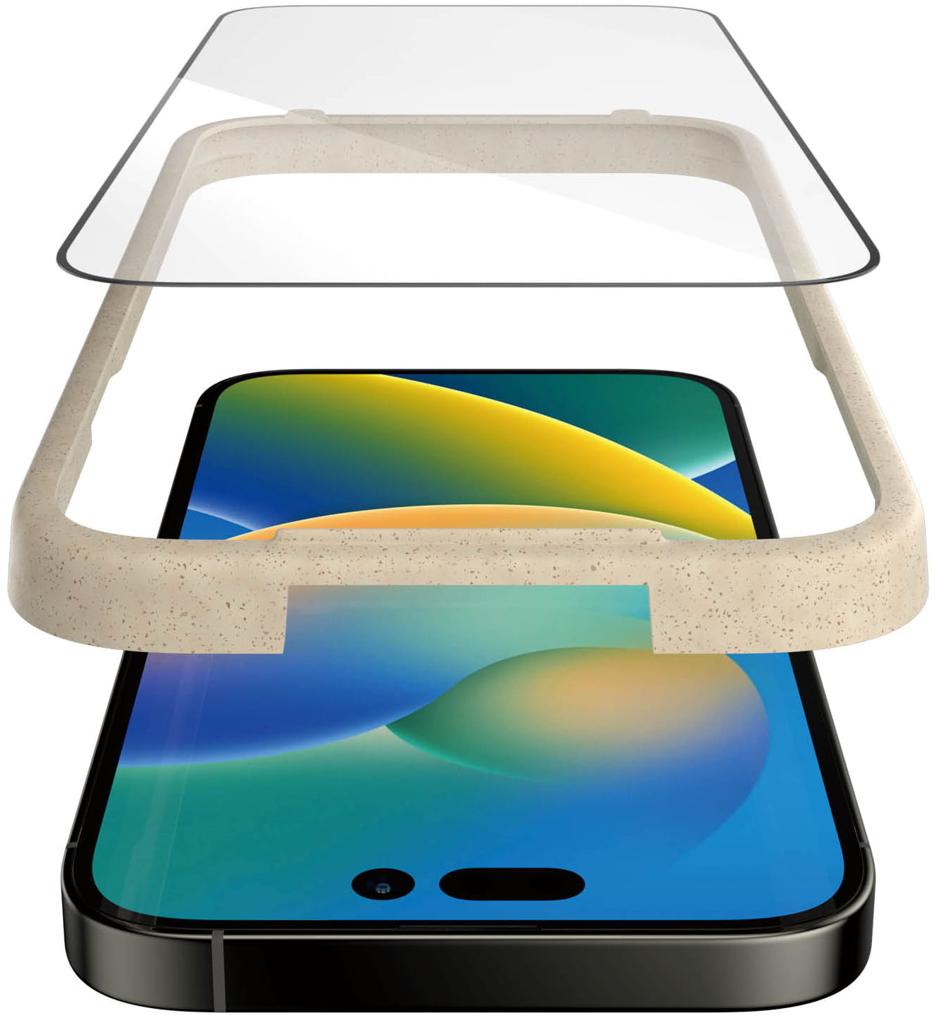 Telefon i ramka ochronna w trakcie montażu. Telefon ma niebieską i zieloną abstrakcyjną tapetę.