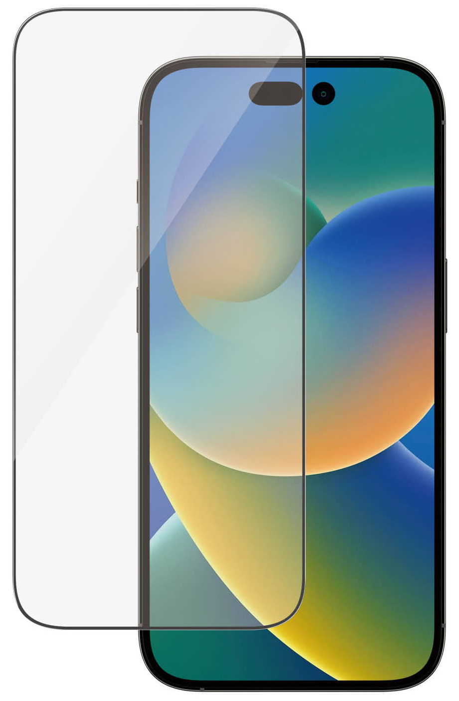 Smartfon z nałożonym ochraniaczem ekranu. Ekran wyświetla kolorową, abstrakcyjną tapetę.