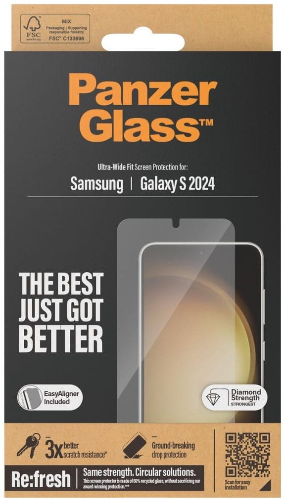 Opakowanie produktu przedstawiające osłonę ekranu dla Samsung Galaxy S2024.