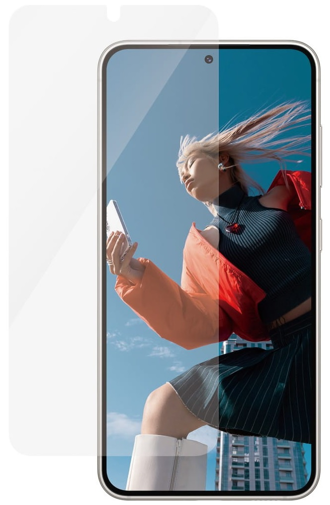 Telefon z ochraniaczem ekranu. Kobieta z blond włosami jest na ekranie telefonu.