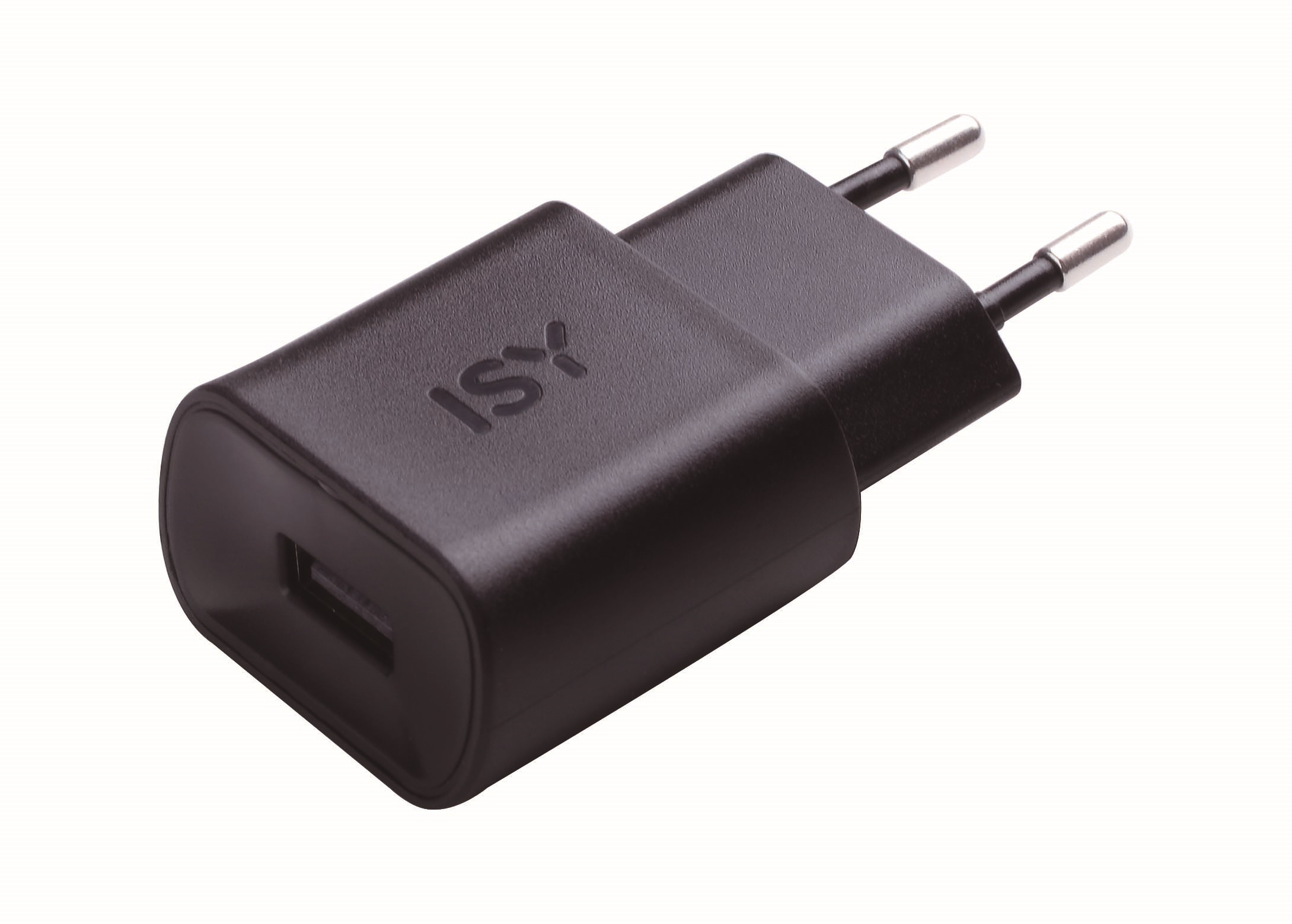 Schwarzes USB-Ladegerät mit zwei silbernen Stiften. Das Ladegerät trägt den Markennamen 'ISY'.