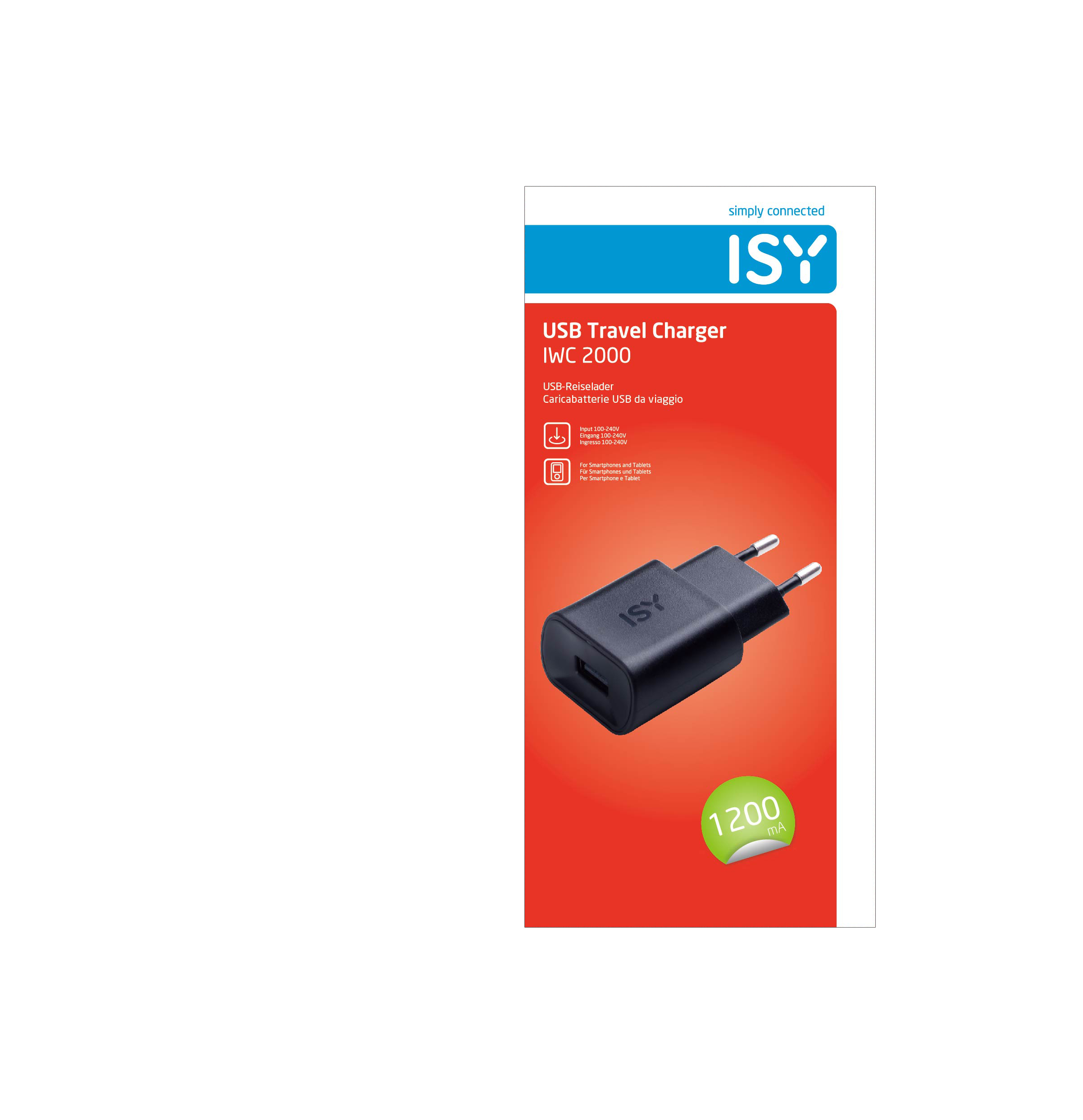 Schwarzes USB-Reiseladegerät ISY 2000 auf weißem Grund, Produktdetails, grüner 1200mA-Aufkleber.