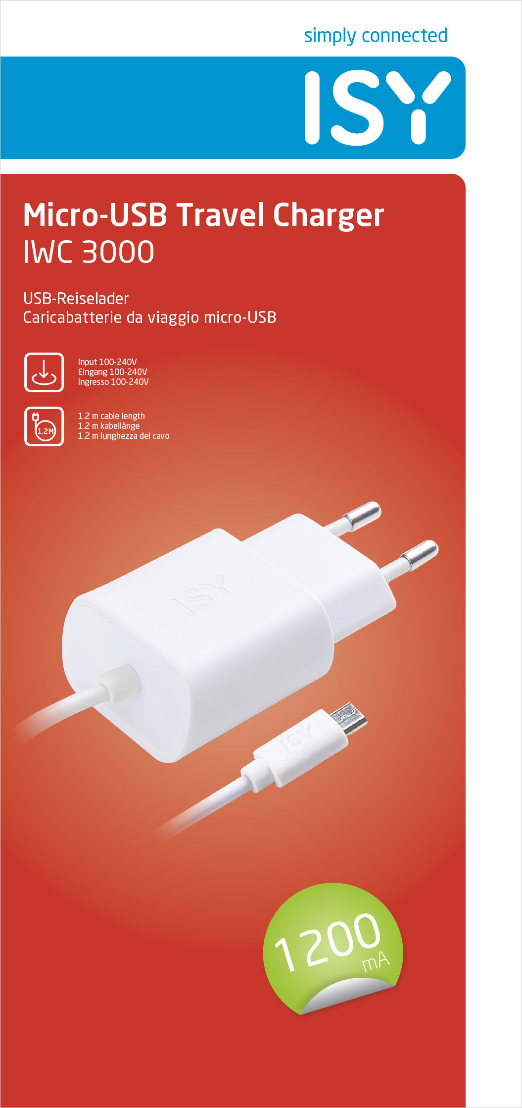 Weißes USB-Reiseladegerät mit Kabel, mit rotem und weißem Design.