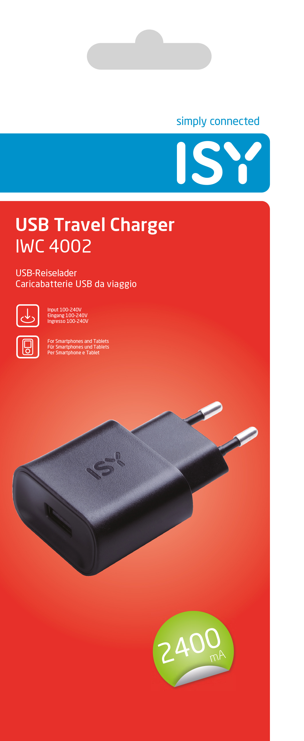 Schwarz-weißes USB-Reiseladegerät. Text: USB Travel Charger IWC 4002, 2400 mA.