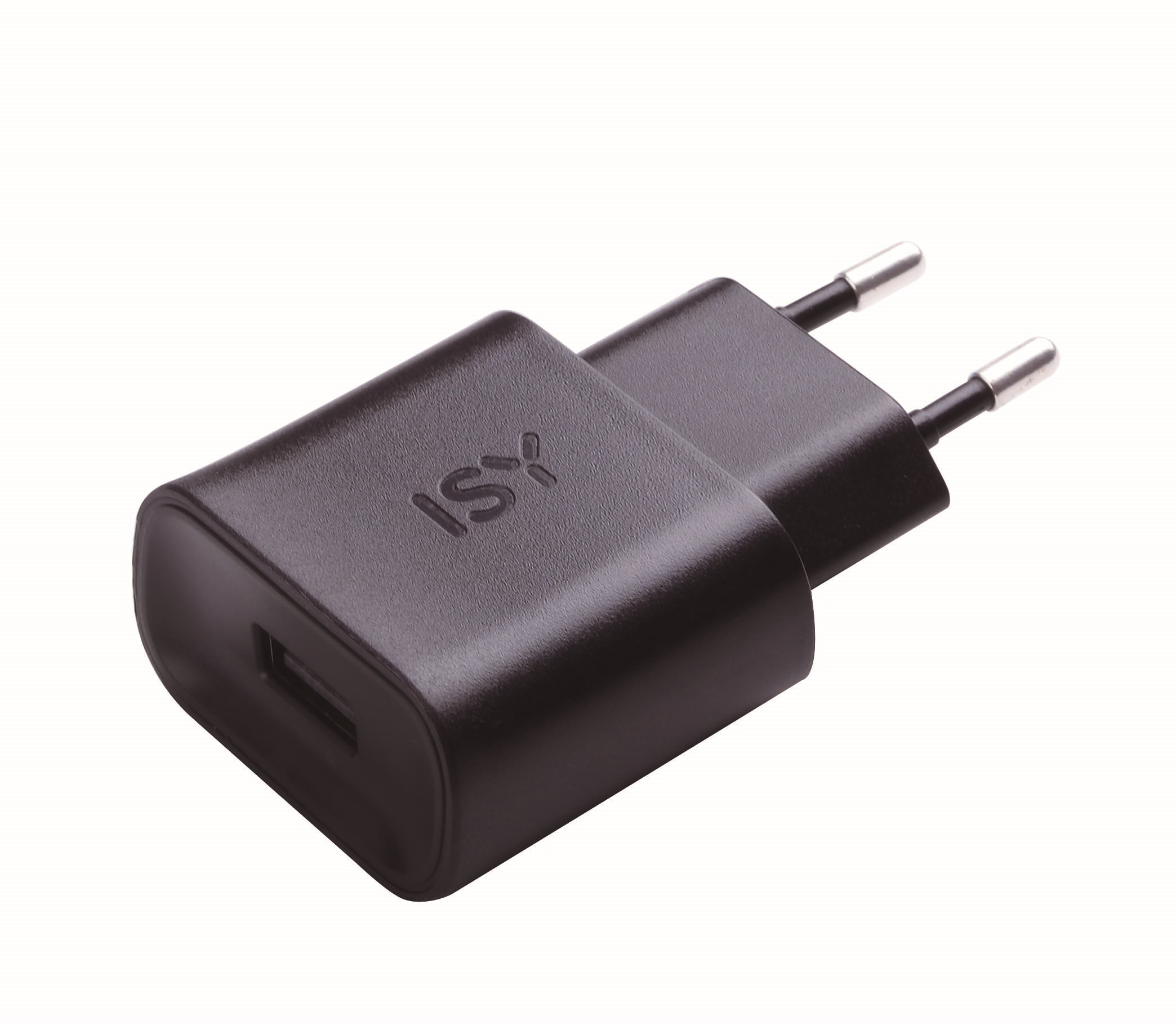 Ein schwarzes ISY USB-Ladegerät mit USB-Anschluss und zwei metallischen Stiften auf weißem Hintergrund.