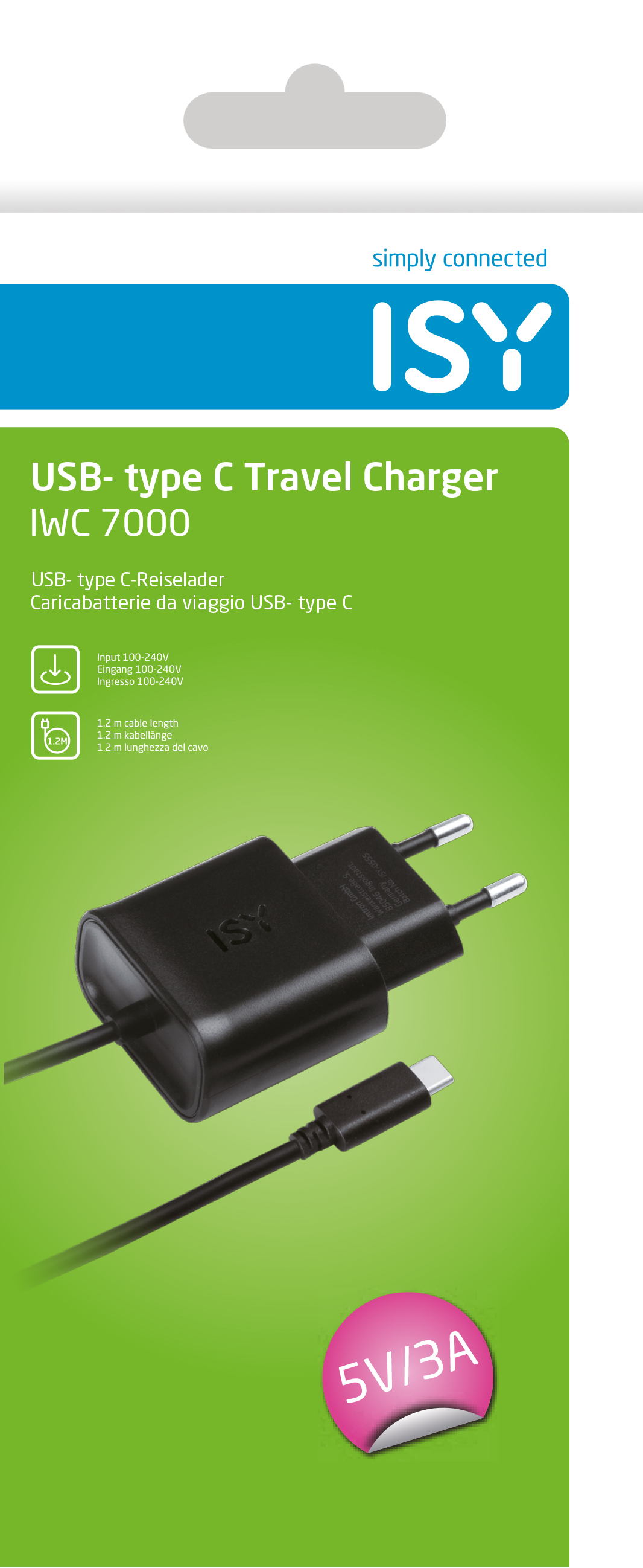 Weiß-schwarzes USB-C-Reiseladegerät mit Ladekabel. Grüne und rosa Etiketten.
