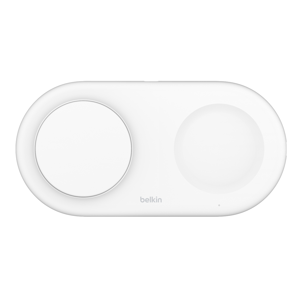 Telefon ve saat için beyaz Belkin şarj pedi.