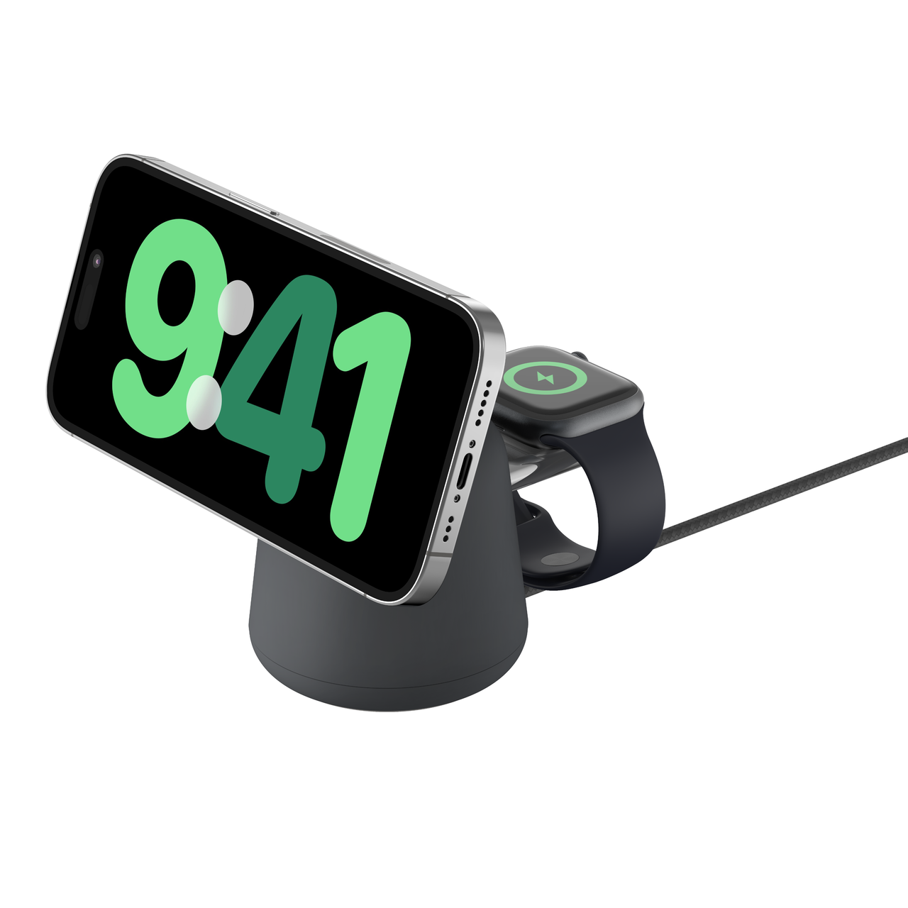 Bir iPhone ve bir Apple Watch ile bir şarj standı. Telefon '9:41' gösteriyor. Saat şarjı gösteriyor.