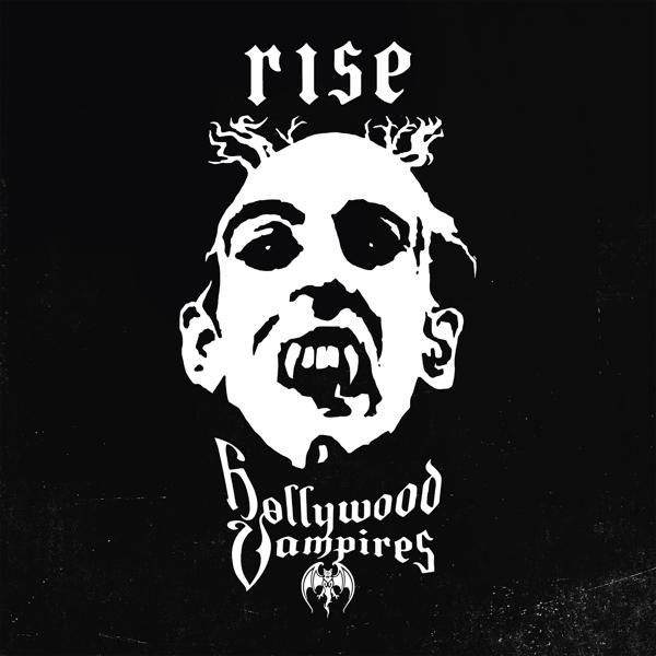 Albumcover für 'RISE' von Hollywood Vampires. Weißes Gesichtsdesign auf schwarzem Hintergrund.