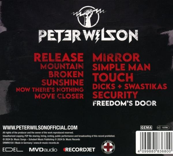 CD-Cover mit Peter Wilson, Songtiteln und Website-Informationen. Rotes und weißes Farbschema.