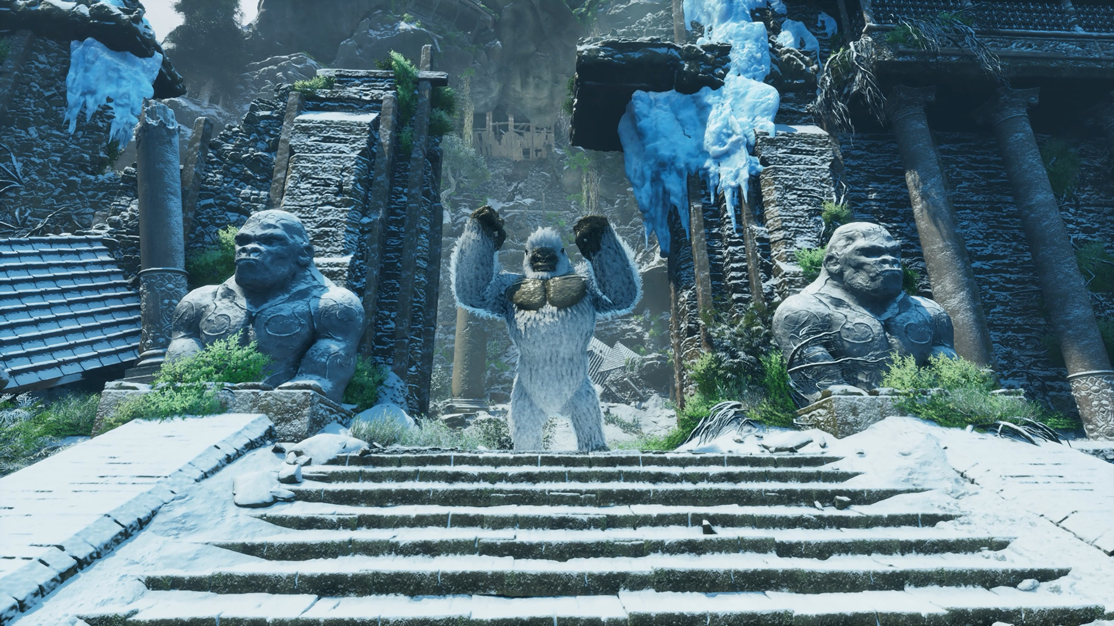 Uno yeti è in piedi su una scala innevata, con le braccia alzate. Due statue di pietra fiancheggiano le scale. Paesaggio innevato sullo sfondo.