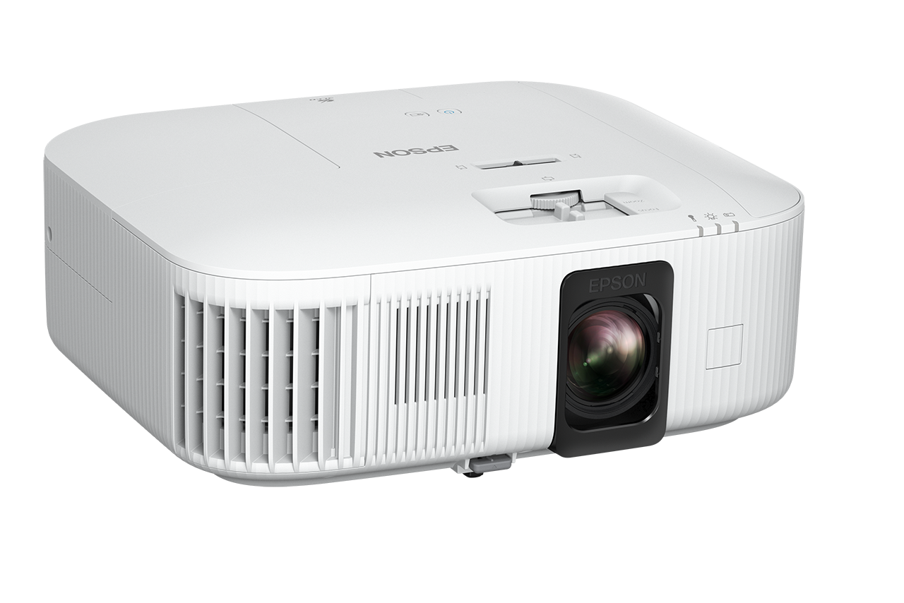 Siyah arka planda beyaz projektör. EPSON marka adı görünür.