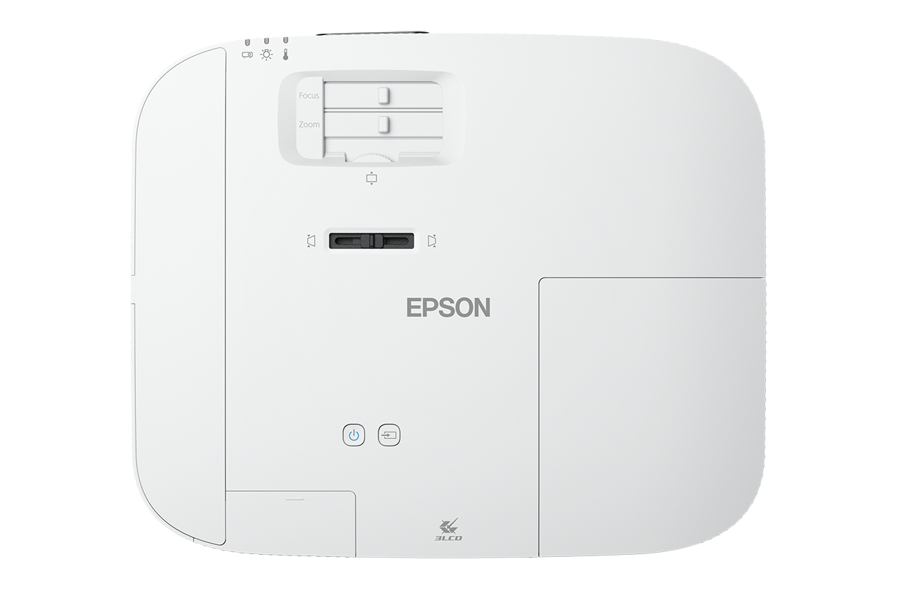 Beyaz Epson projektör, üstten görünüm, kontroller görünür durumda.