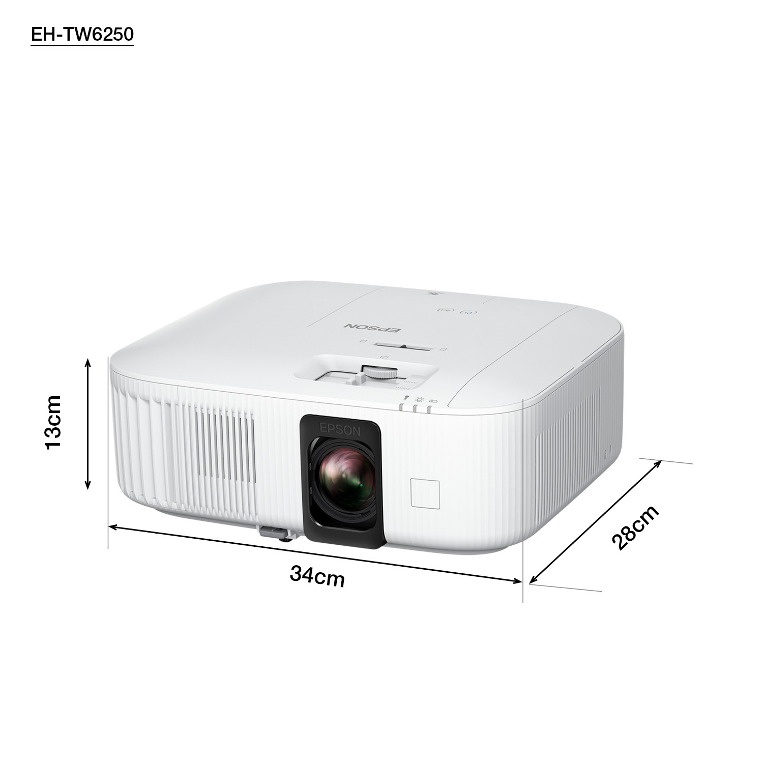 Boyutları etiketlenmiş beyaz bir projektör. Bir lensi ve Epson marka adını taşıyor.