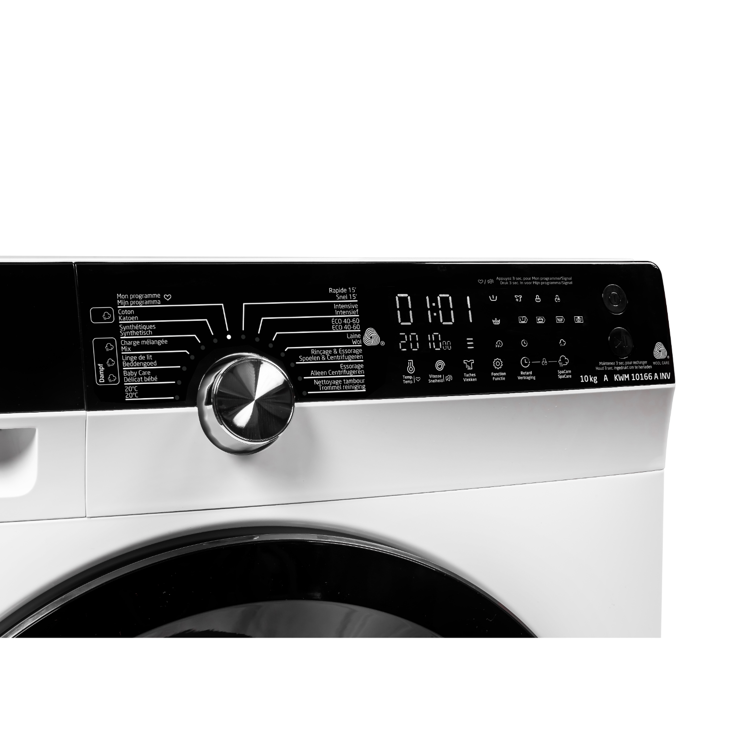 Washing machine control panel with program selection, time, and options.