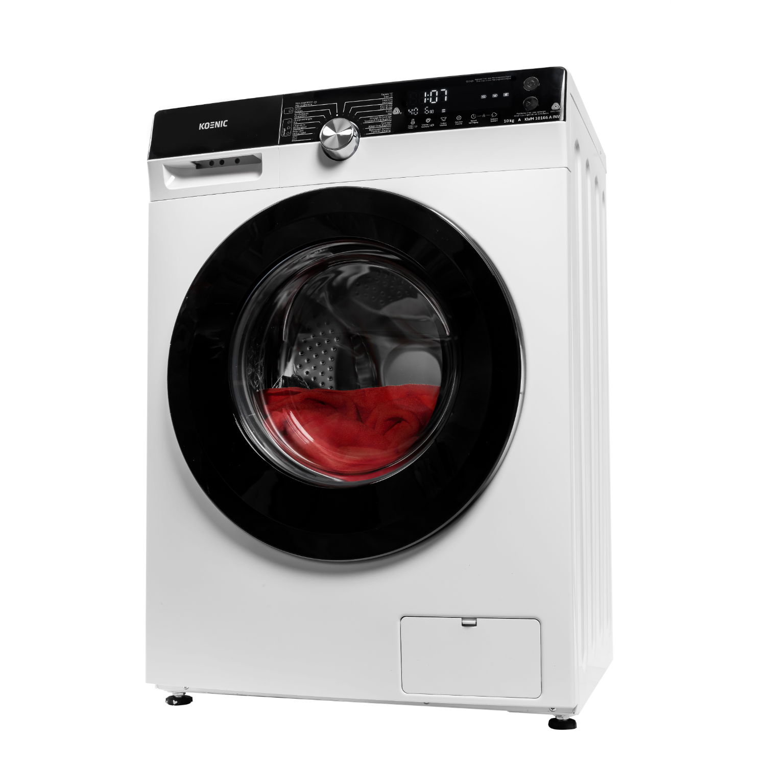A white washing machine with a black door and red clothes inside.