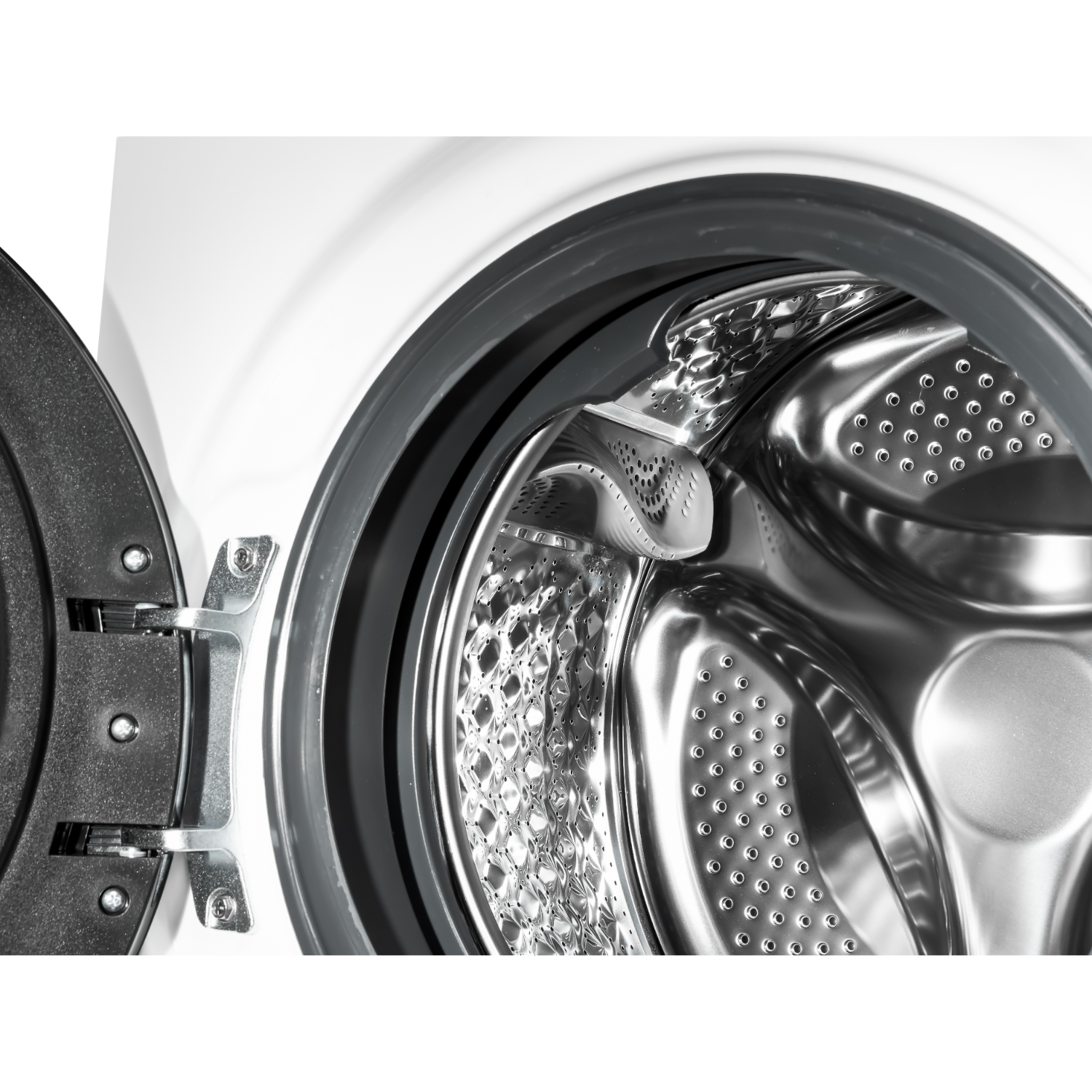 Interior of an open white washing machine showing the metallic drum and rubber seal.