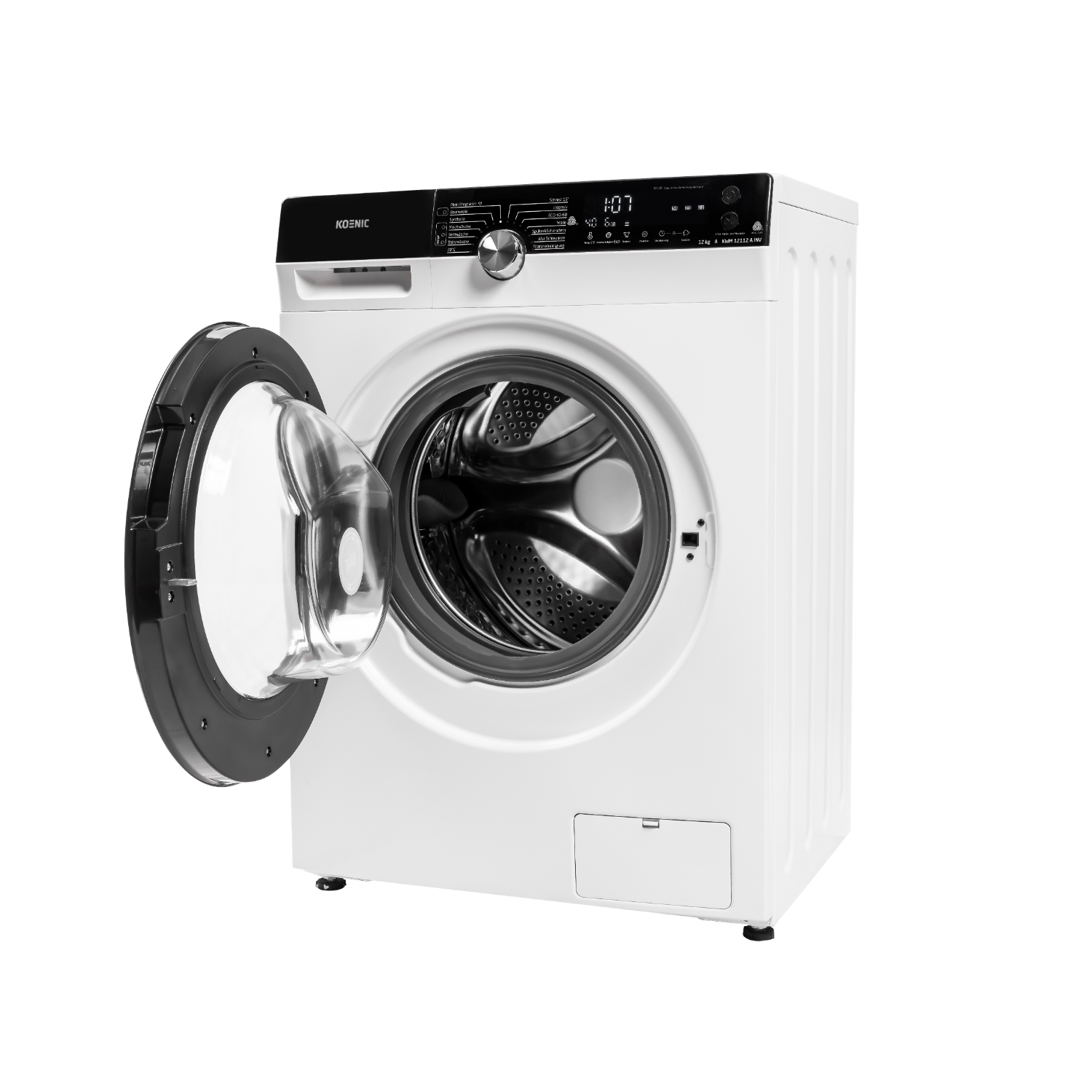 A white washing machine with its door open and control panel.