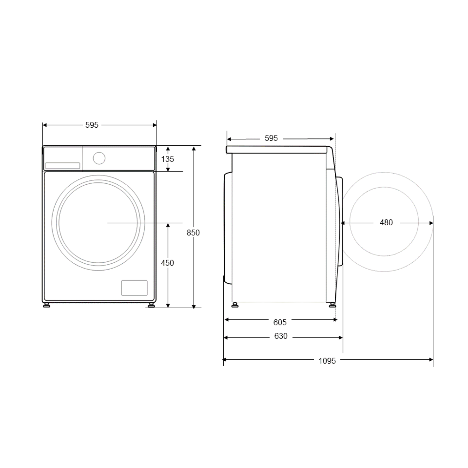 Technical drawing of a washing machine with dimensions.
