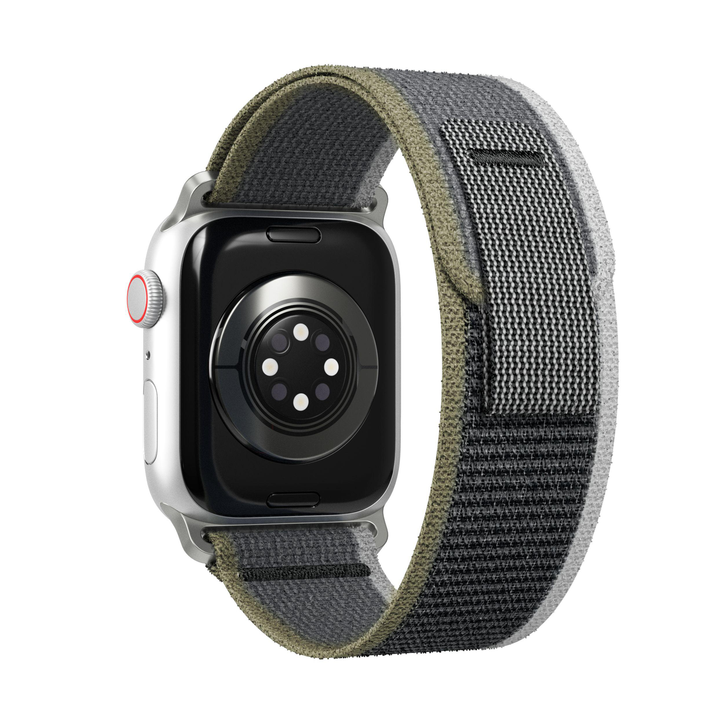 Eine silberne Apple Watch mit einem grau-olivgrünen Armband.