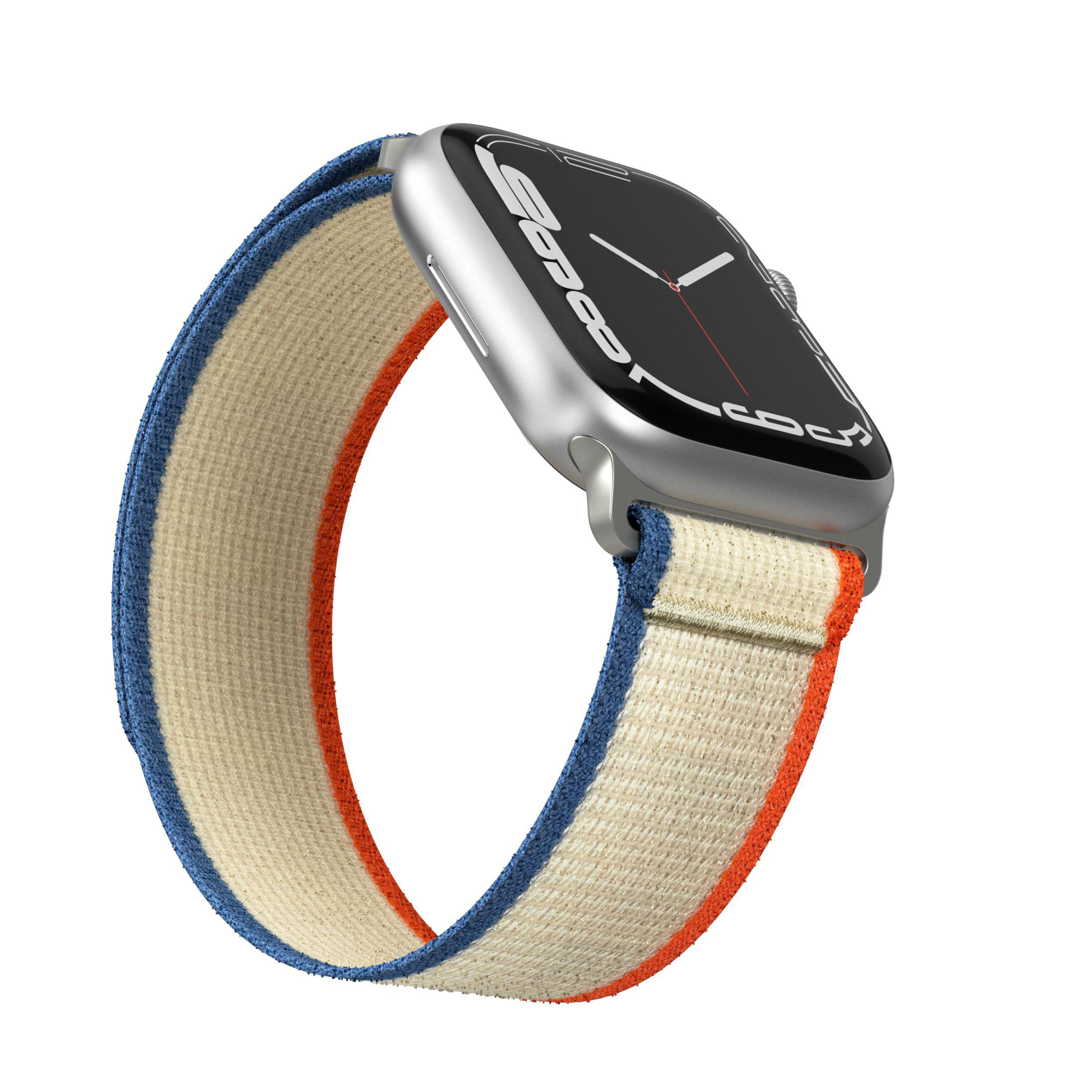 Silberne Apple Watch mit Stoffarmband in Blau, Orange und Beige.