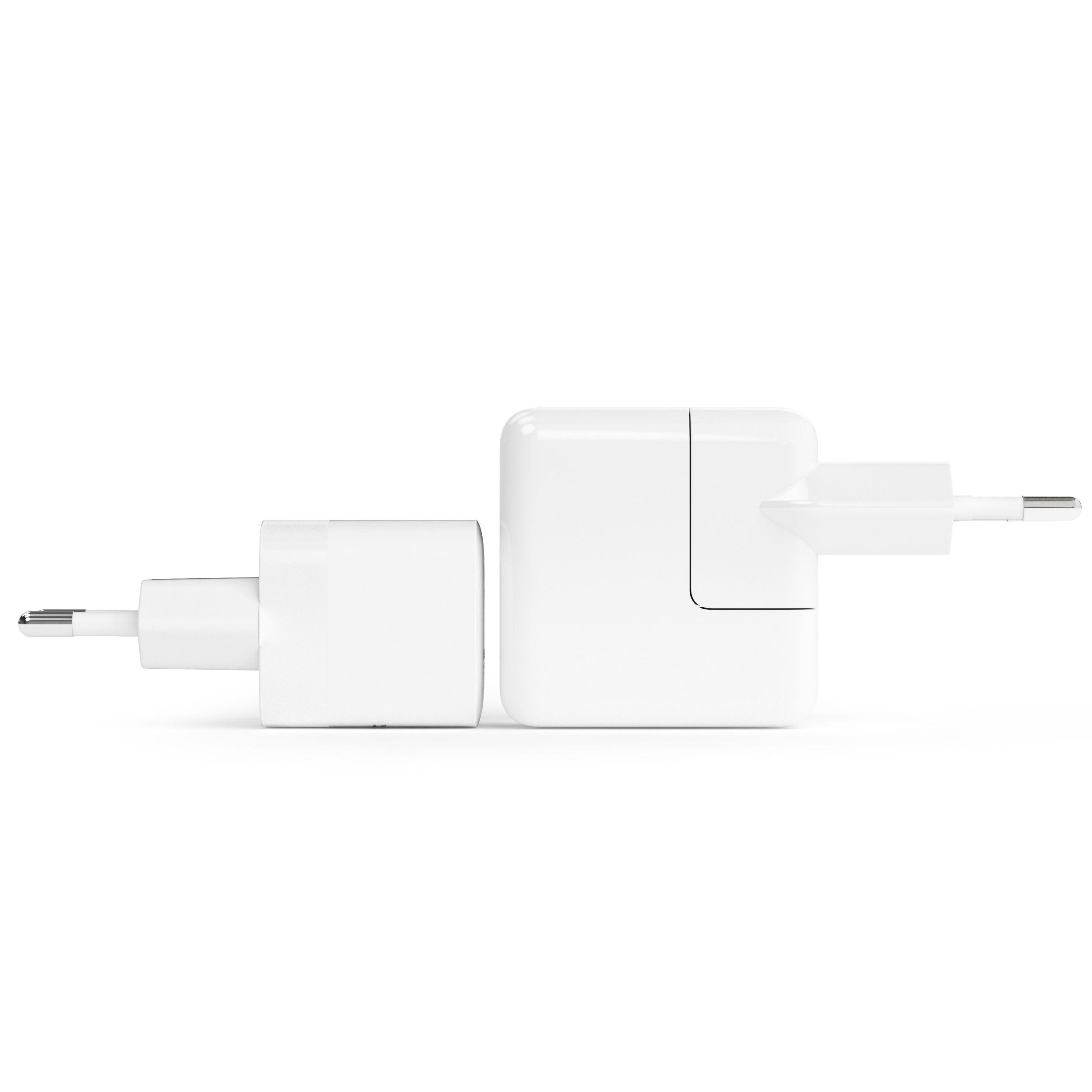 Zwei weiße Apple-Ladegeräte, ein kleines mit Kabel und ein größeres.
