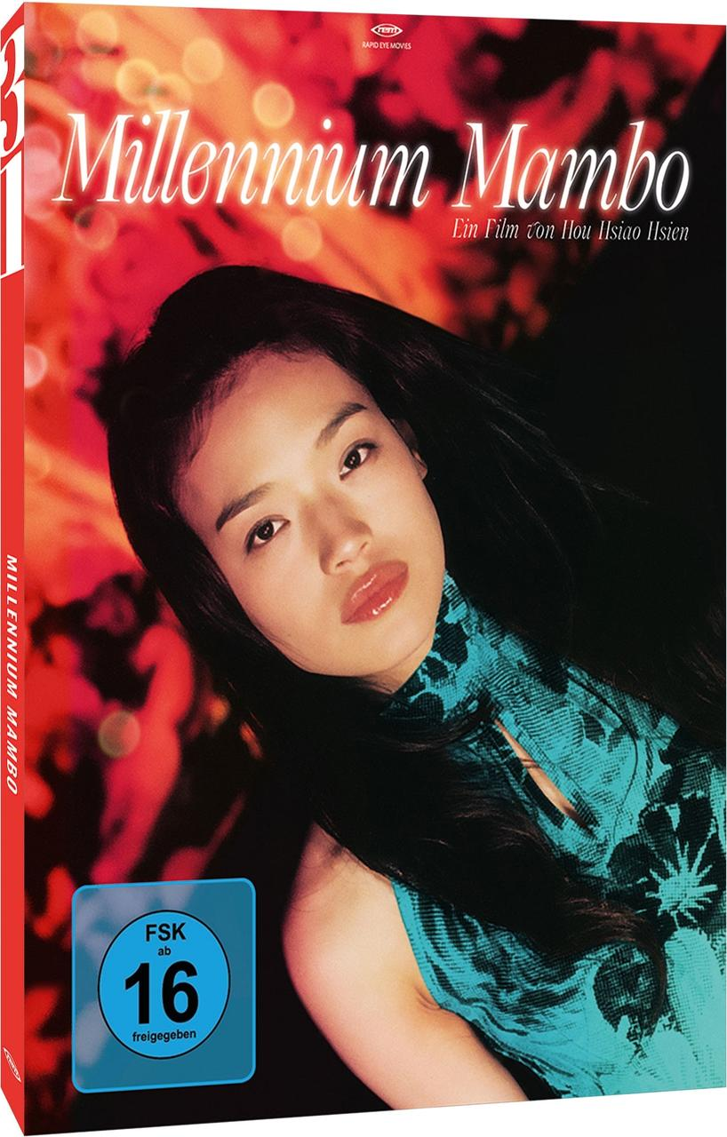 DVD-Cover für den Film 'Millennium Mambo'. Zeigt ein Frauengesicht, roten Hintergrund, blauen Text.