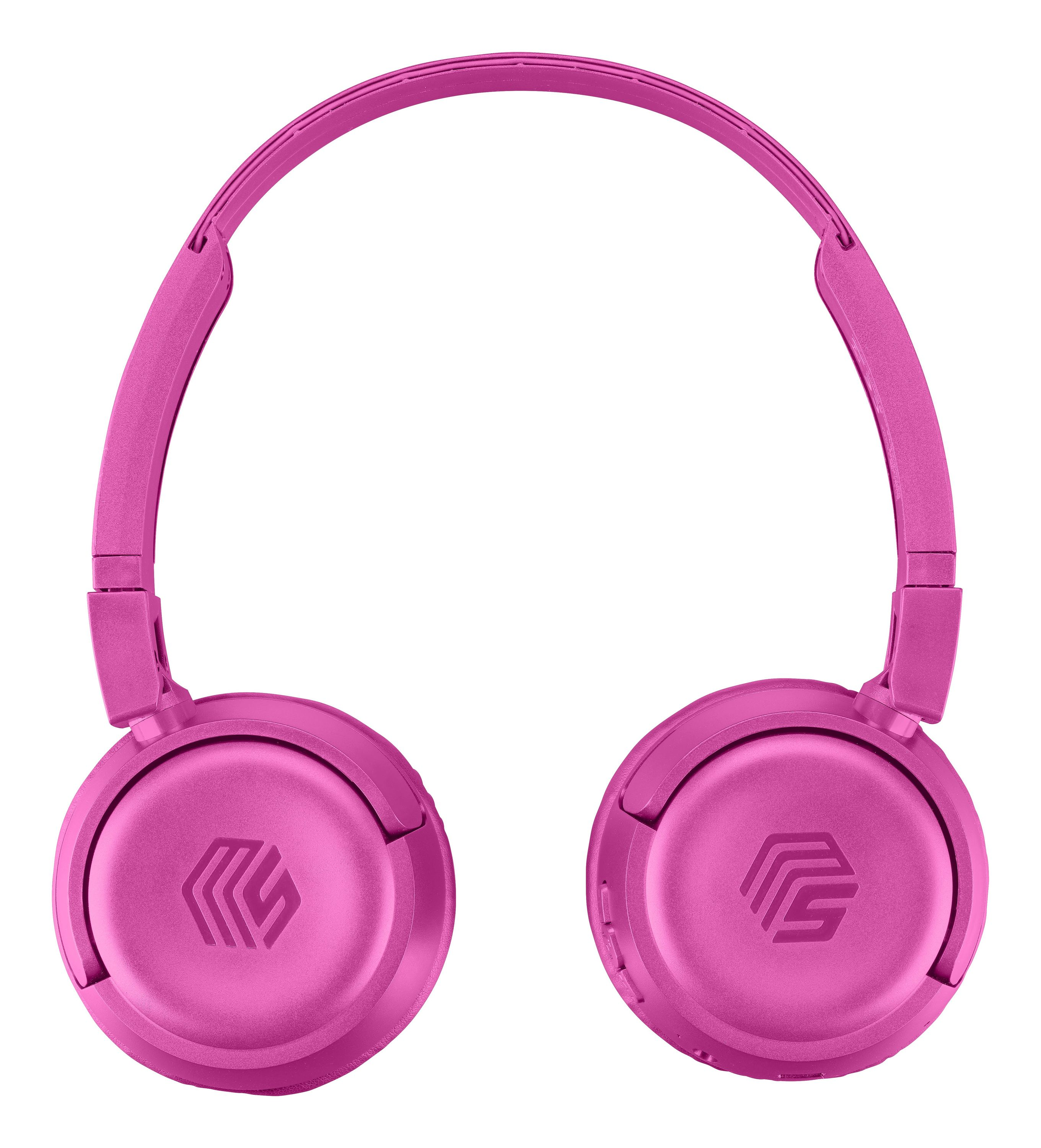 Eşleşen pembe kafa bandı ile pembe kulaklık. Kulaklıklarda bir logo var.