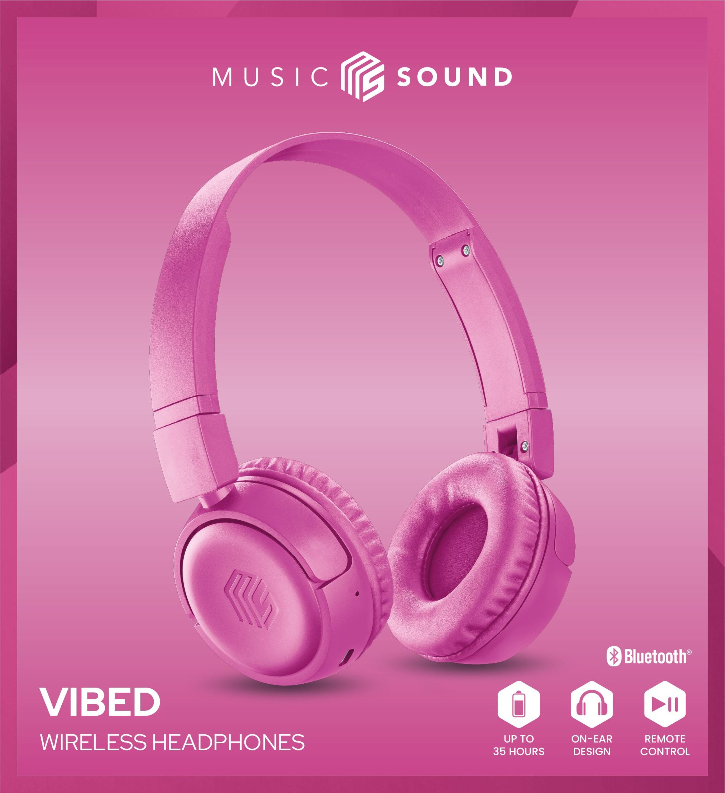 Pembe arka plan üzerinde 'MUSIC SOUND' marka adıyla pembe kablosuz kulaklıklar.