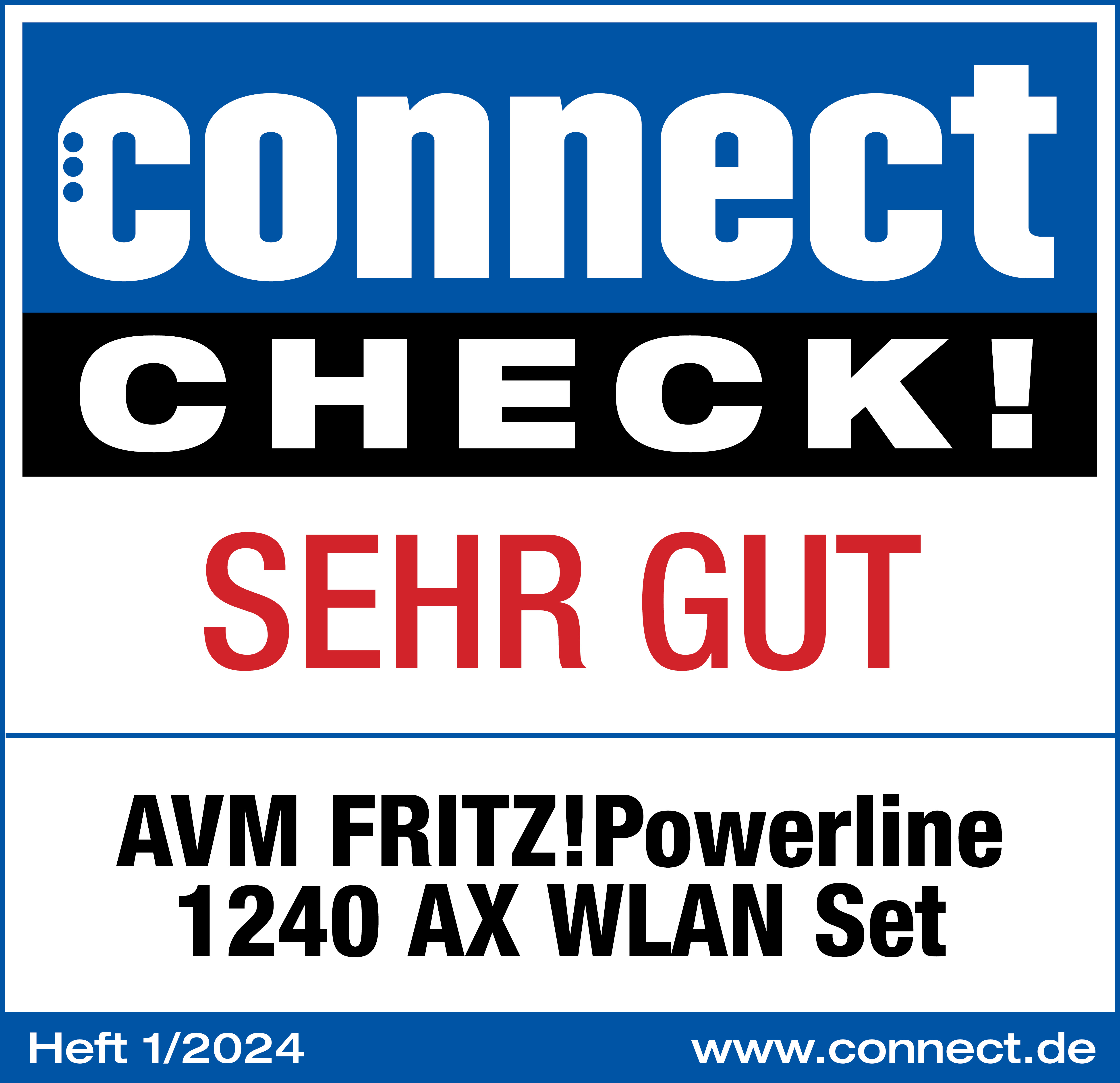 Connect Check! Sehr Gut, auf blauem Quadrat mit Text zu AVM FRITZ!Powerline 1240 AX WLAN.