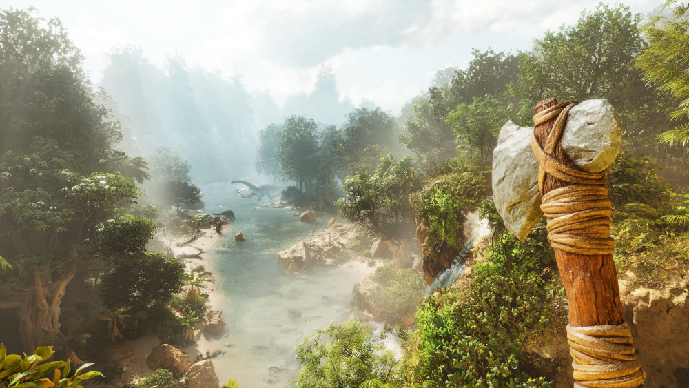 Une scène de jungle luxuriante avec une rivière, des arbres et une hache de pierre au premier plan.