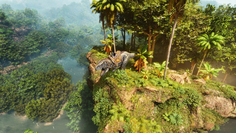 Un dinosaure avec un cavalier sur une falaise.