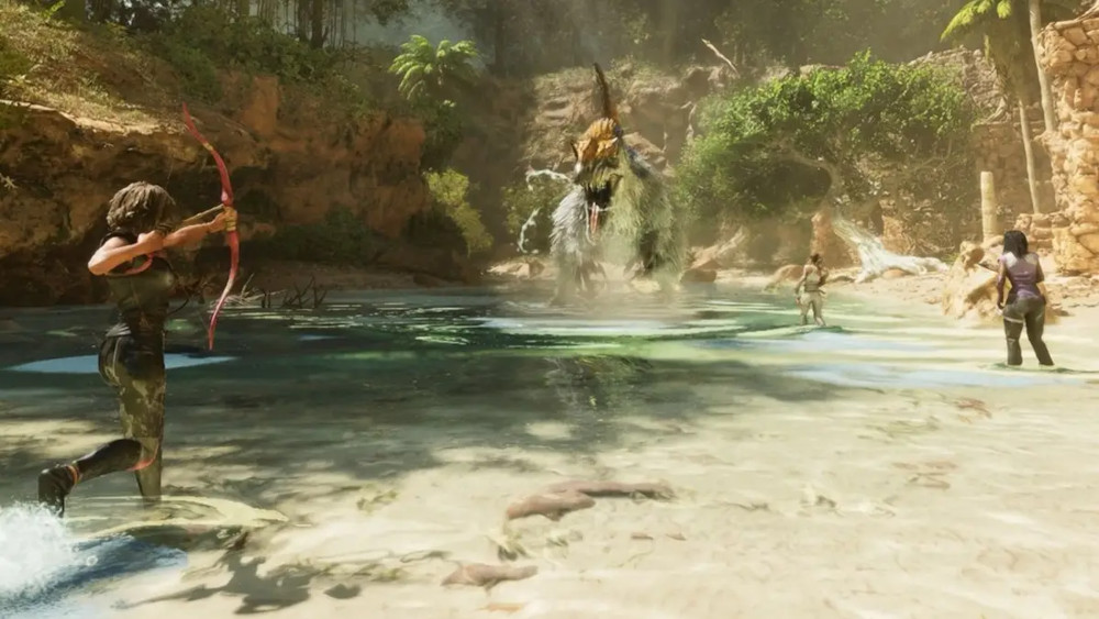 Une personne vise un arc et une flèche sur une créature ressemblant à un dinosaure dans un environnement aquatique.