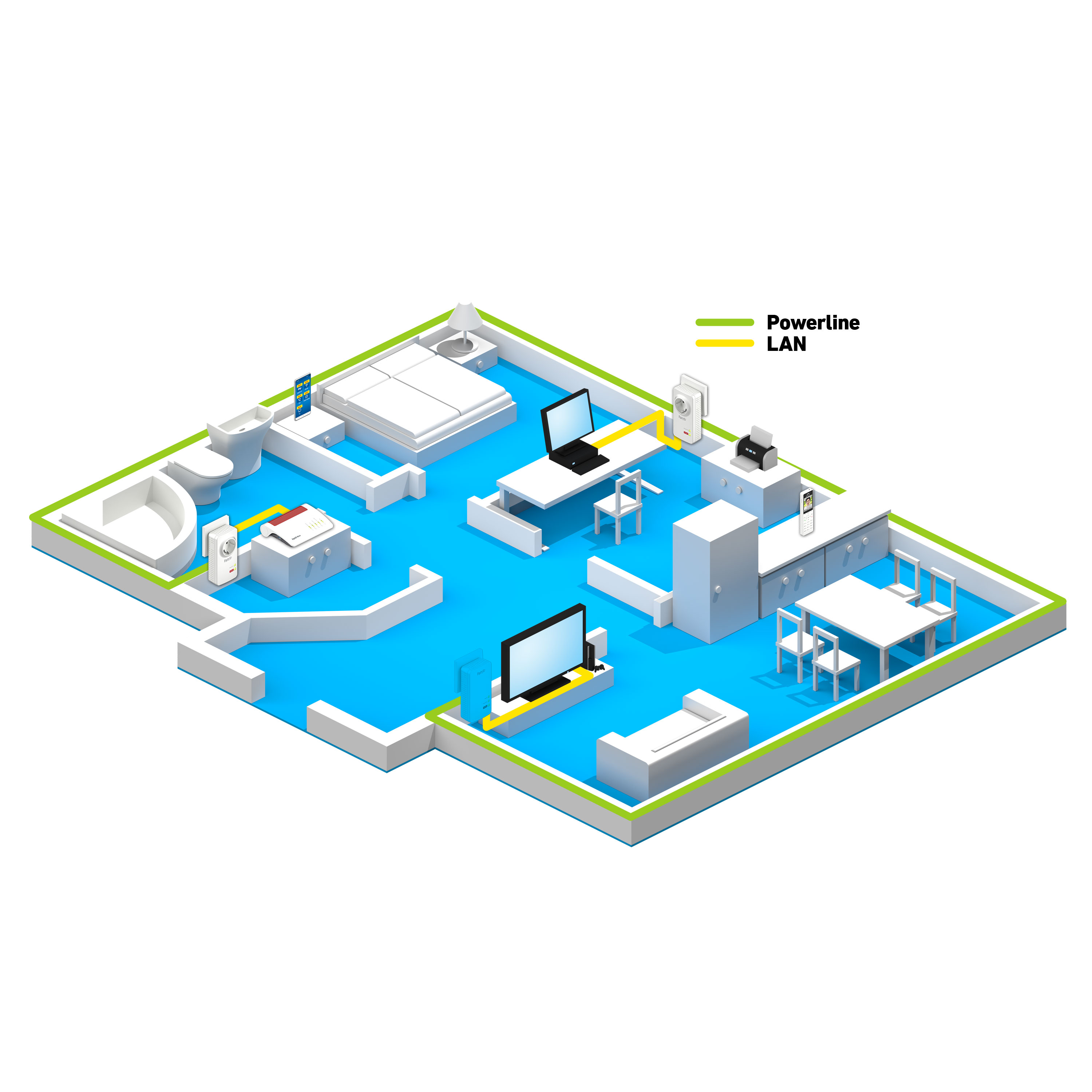 Isometrische Ansicht eines Hausplans mit Netzwerk-Setup.