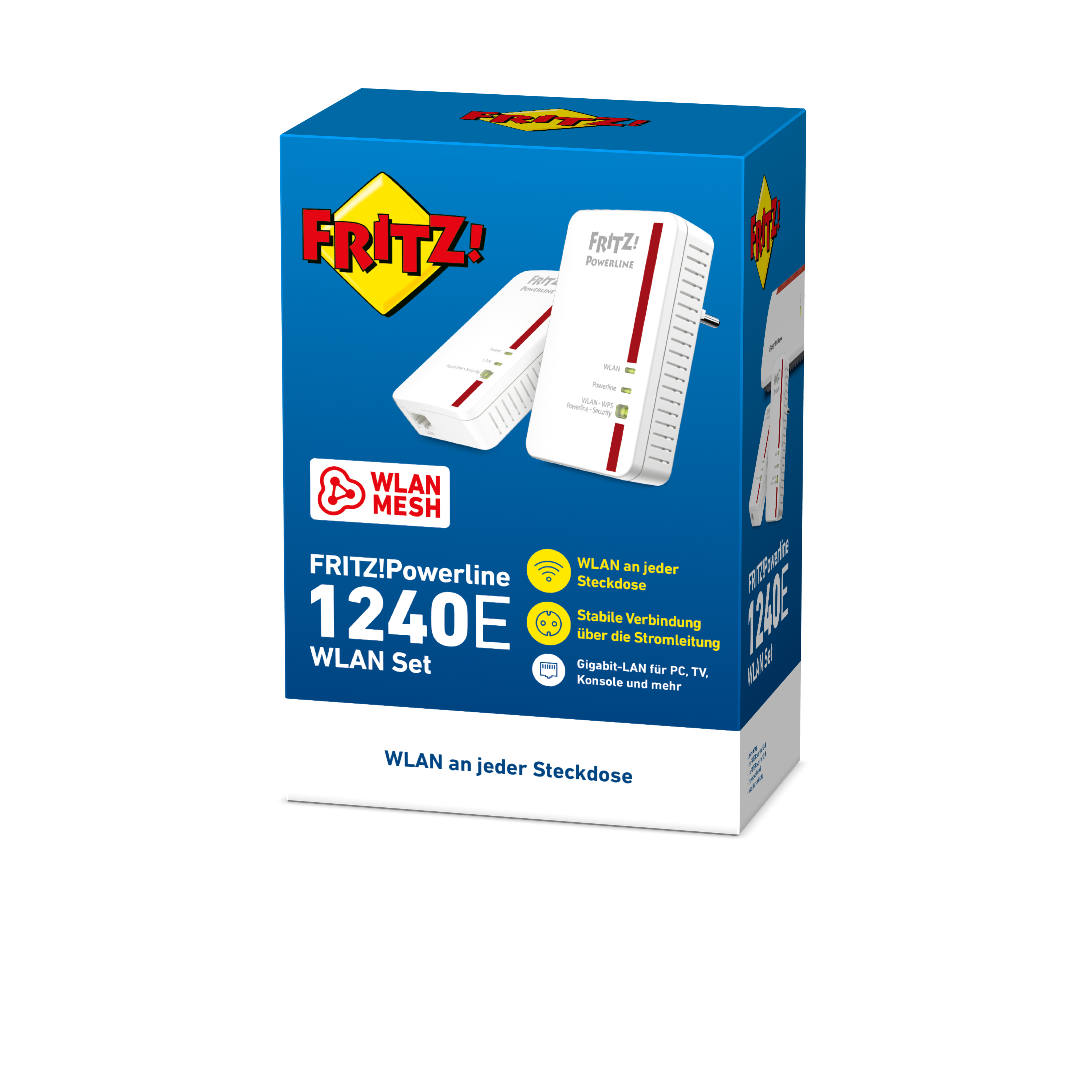 Eine weiße und blaue Box von Fritz!Powerline 1240E, mit zwei Powerline-Adaptern.