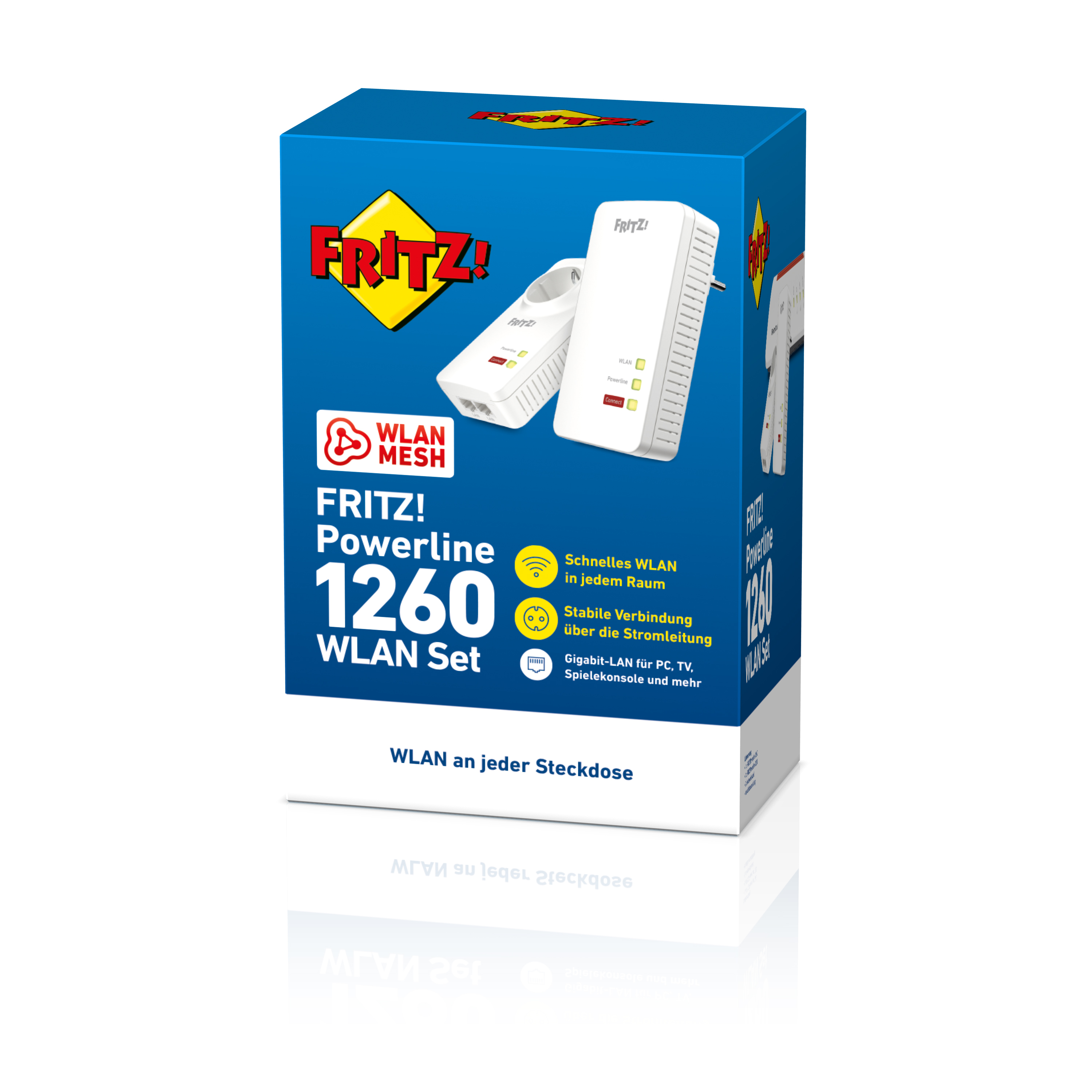Eine weiße und blaue Box mit einem WLAN-Mesh-Powerline-Set. Der Text auf der Box ist auf Deutsch.