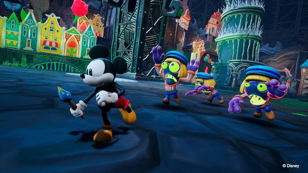 Mickey Mouse avec un pinceau court, poursuivi par des personnages de dessins animés dans une ville fantastique.