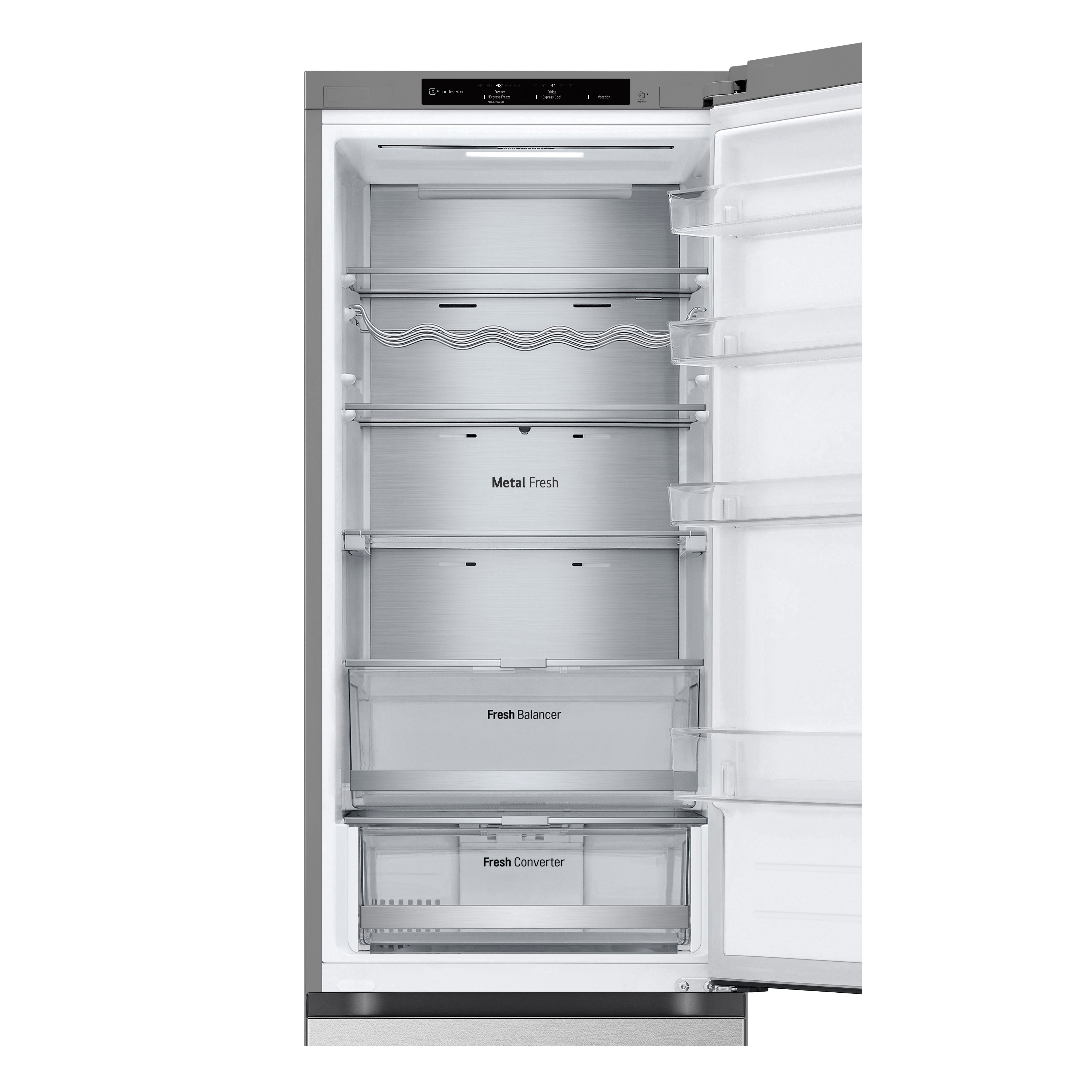 Kühlschrank-Innenraum mit offenen Türen. Regale und Schubladen sind sichtbar.