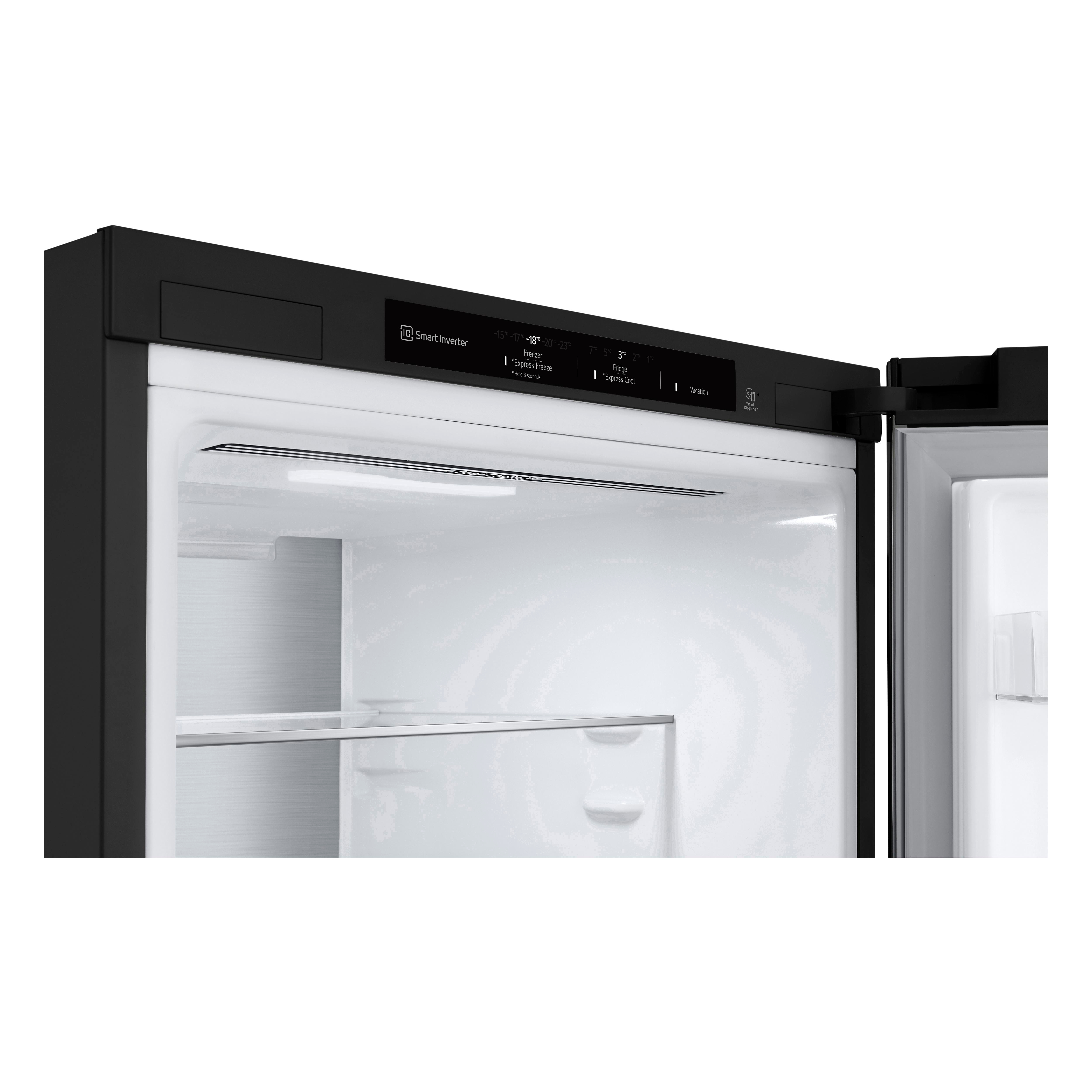 Schwarzer Kühlschrank-Innenraum. Anzeigetafel oben mit eingeschalteten Lichtern sichtbar.