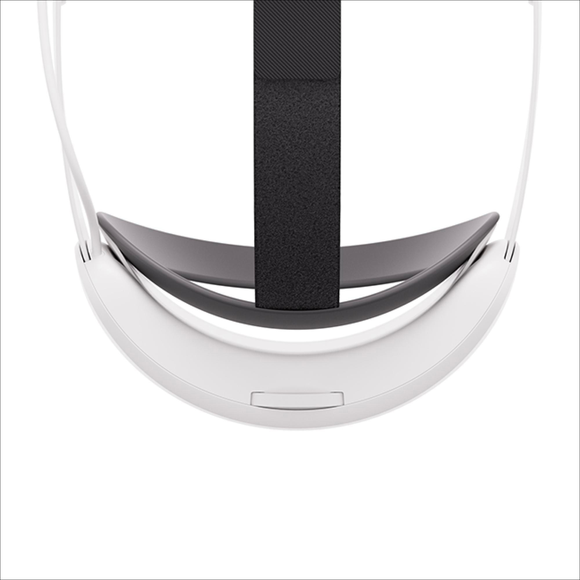 Ein weißes Oculus Quest 2 VR-Headset, das die Vorderseite zeigt, auf weißem Hintergrund.