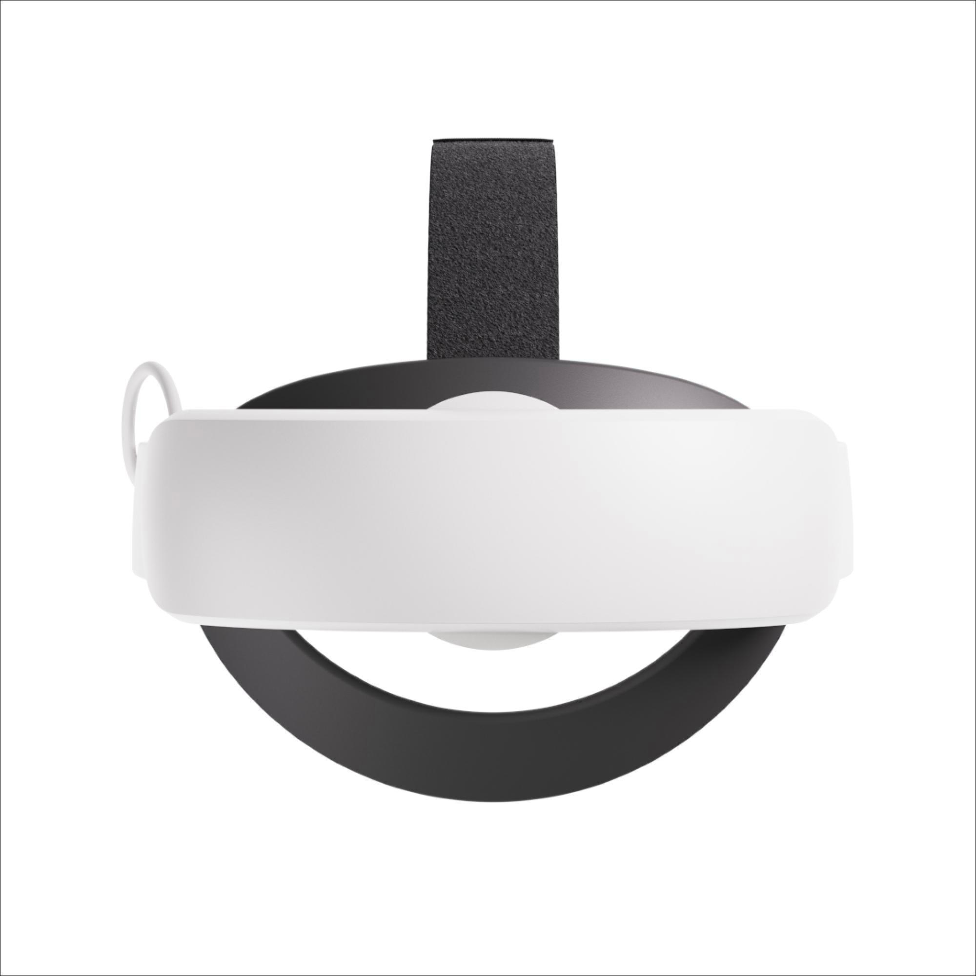Ein VR-Headset, weiße Vorderseite, schwarzes Band und schwarzer Ovalrahmen, auf weißem Hintergrund.