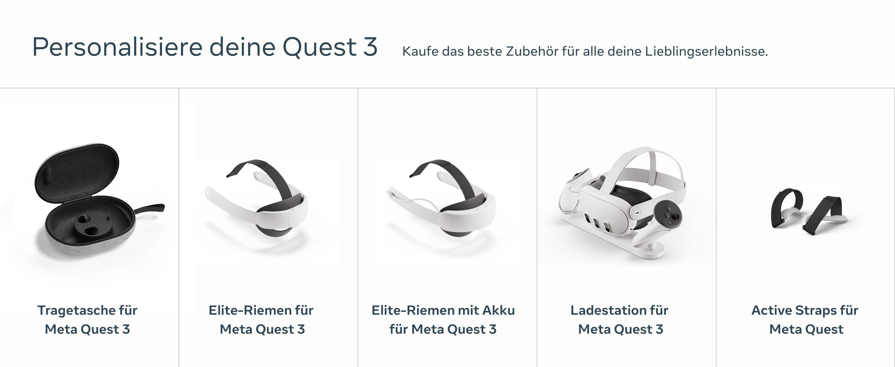 Meta Quest 3 Zubehör: Tragetasche, Kopfriemen und Ladestation.